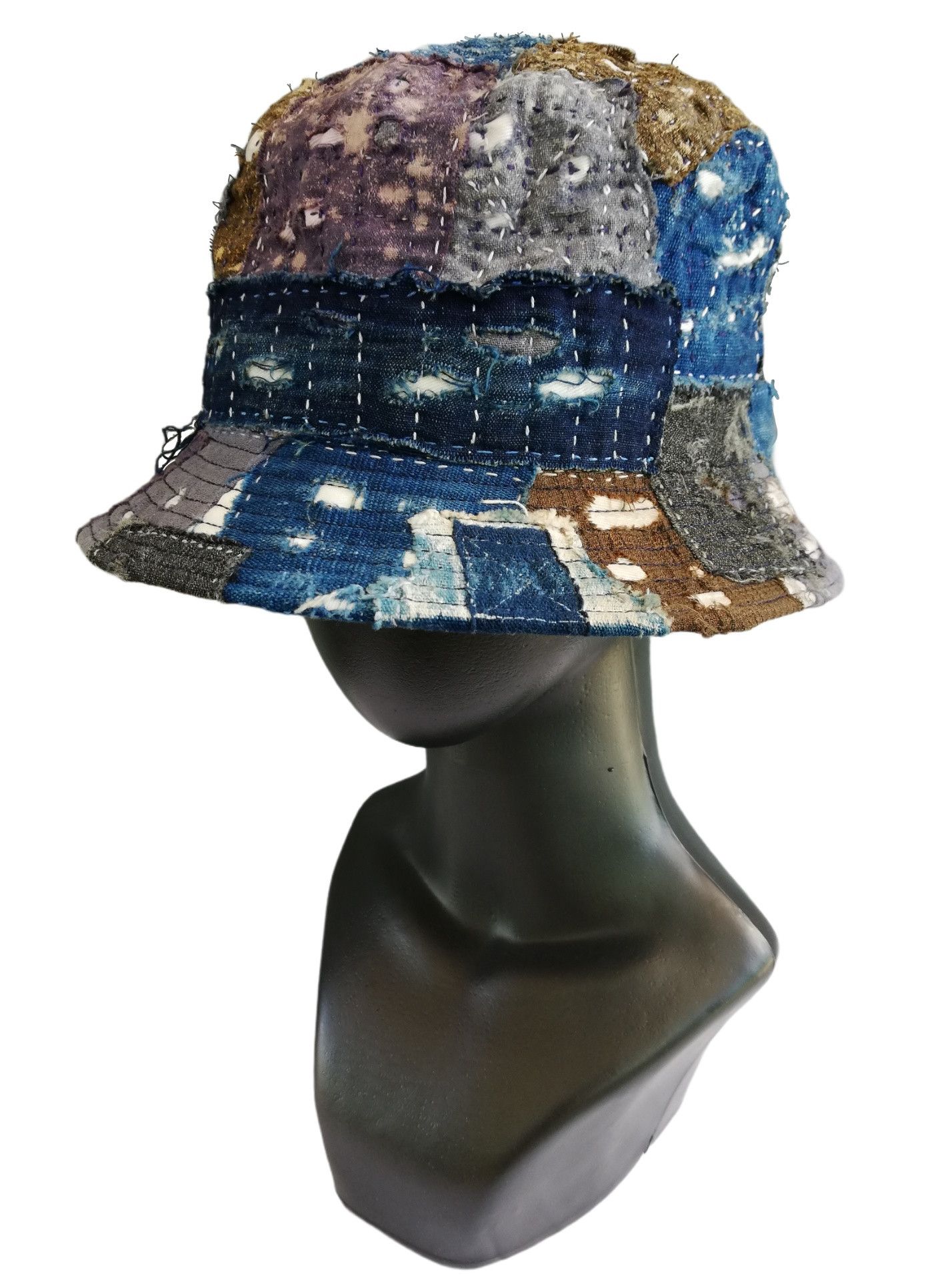 Art Comes First × Japanese Brand 🔥Union Handmade Blue Boro Patchwork Sashiko Fisherman Hat Size ONE SIZE - 2 Thumbnail