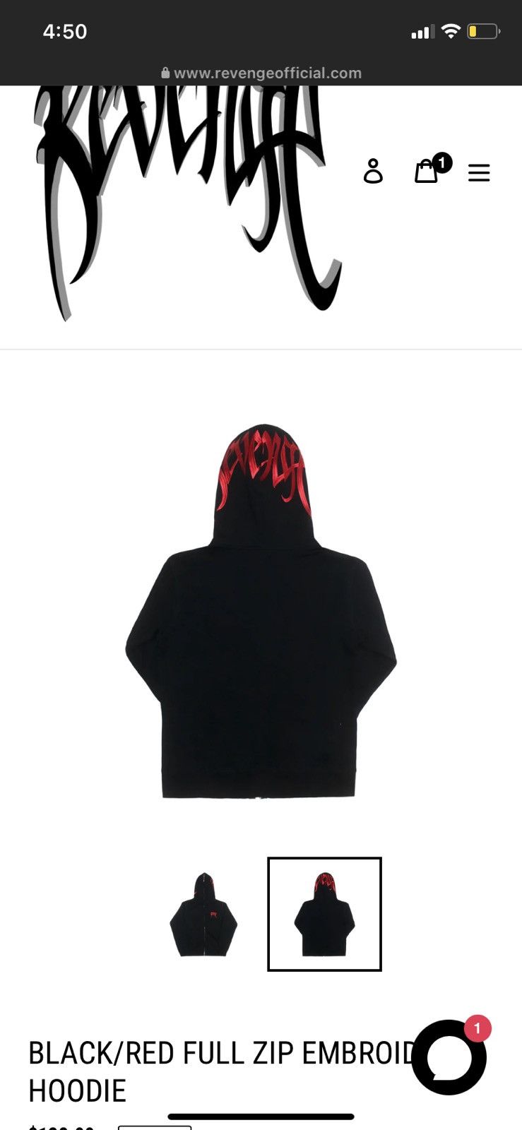 Revenge Black/Red Embroidered deals Logo Full Zip Hoodie