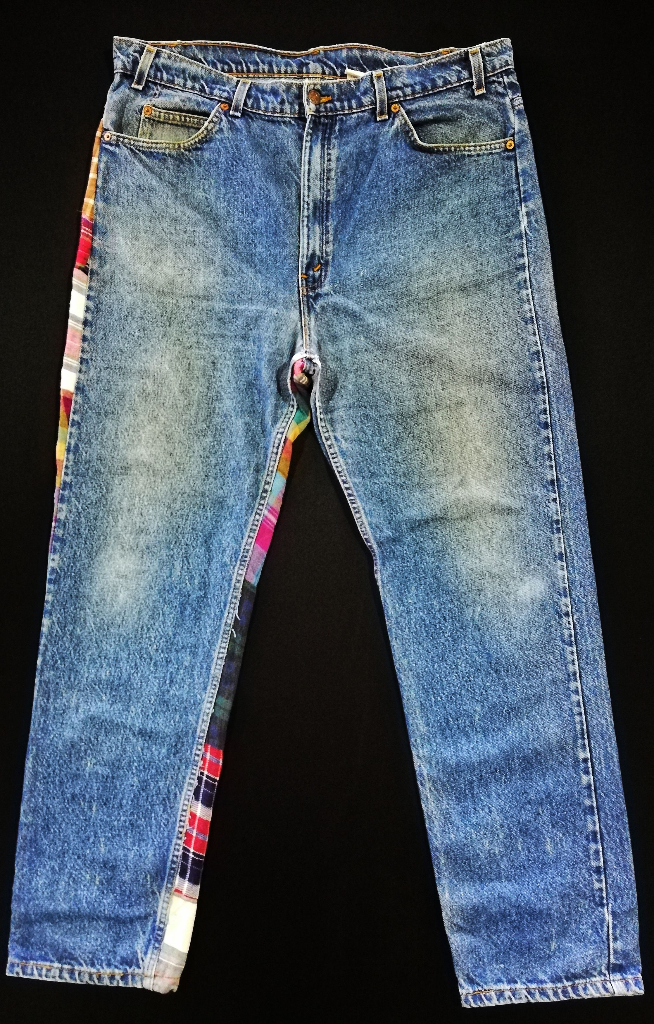 Levi's Vintage Clothing 🔥Levi's Customized Denim Patchwork Tartan Trews Jeans🔥 Size US 39 - 2 Thumbnail