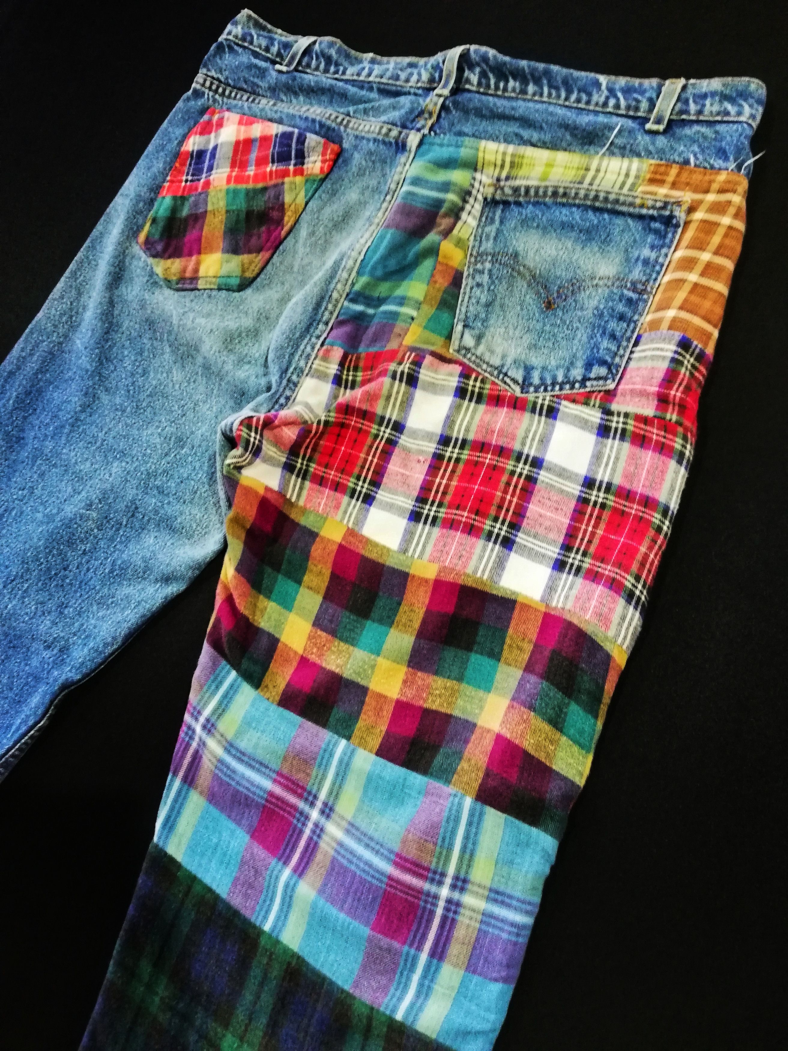 Levi's Vintage Clothing 🔥Levi's Customized Denim Patchwork Tartan Trews Jeans🔥 Size US 39 - 14 Thumbnail