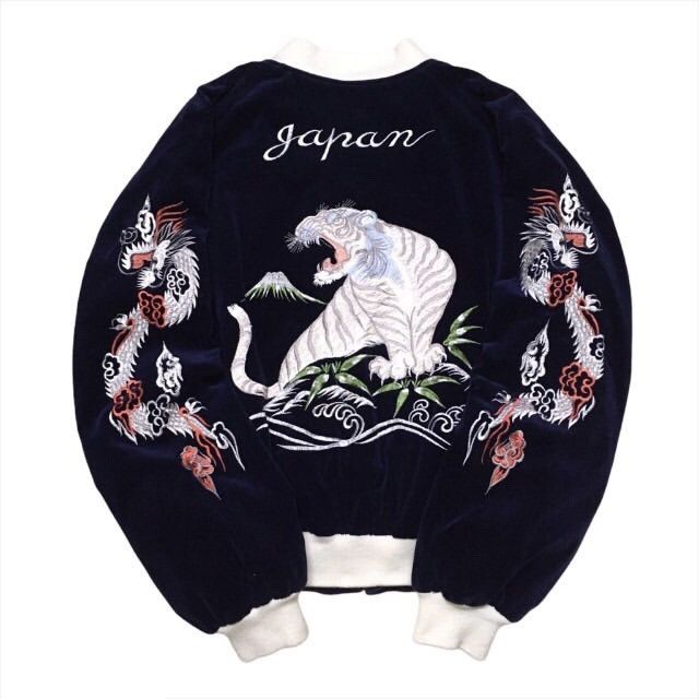 image of Avant Garde x Sukajan Souvenir Jacket Sukajan Bomber Jacket Dragon / Tiger Embroidery in Blue (Size