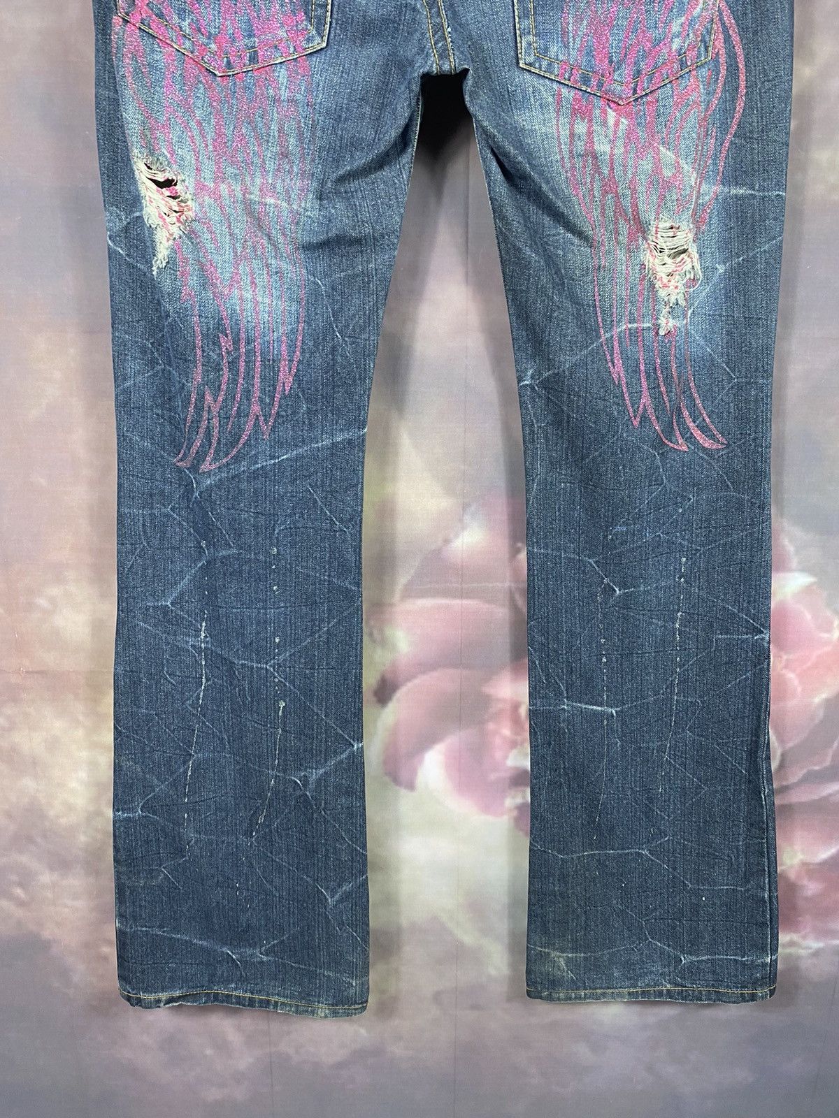 If Six Was Nine × Japanese Brand × Vintage Vintage Japan Printed Bling Ripped Low Rise Flare Jeans Size 31" - 11 Thumbnail
