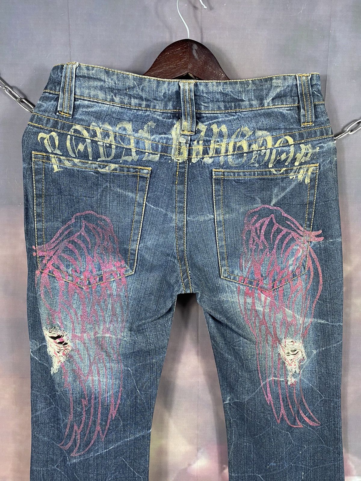 If Six Was Nine × Japanese Brand × Vintage Vintage Japan Printed Bling Ripped Low Rise Flare Jeans Size 31" - 10 Thumbnail