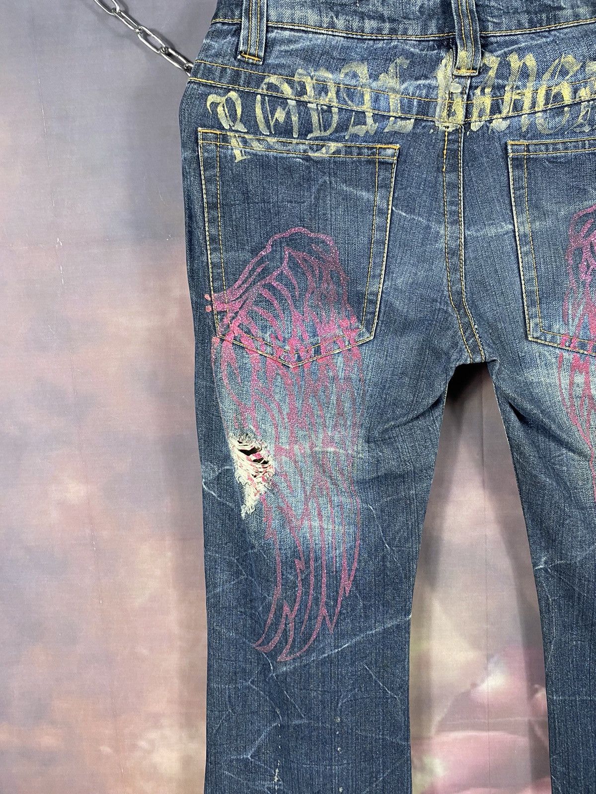 If Six Was Nine × Japanese Brand × Vintage Vintage Japan Printed Bling Ripped Low Rise Flare Jeans Size 31" - 12 Thumbnail