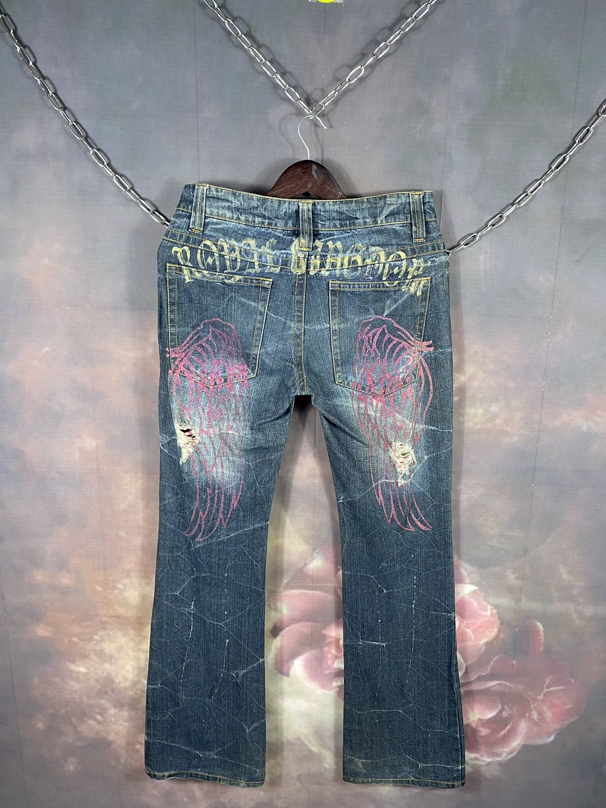 If Six Was Nine × Japanese Brand × Vintage Vintage Japan Printed Bling Ripped Low Rise Flare Jeans Size 31" - 1 Thumbnail