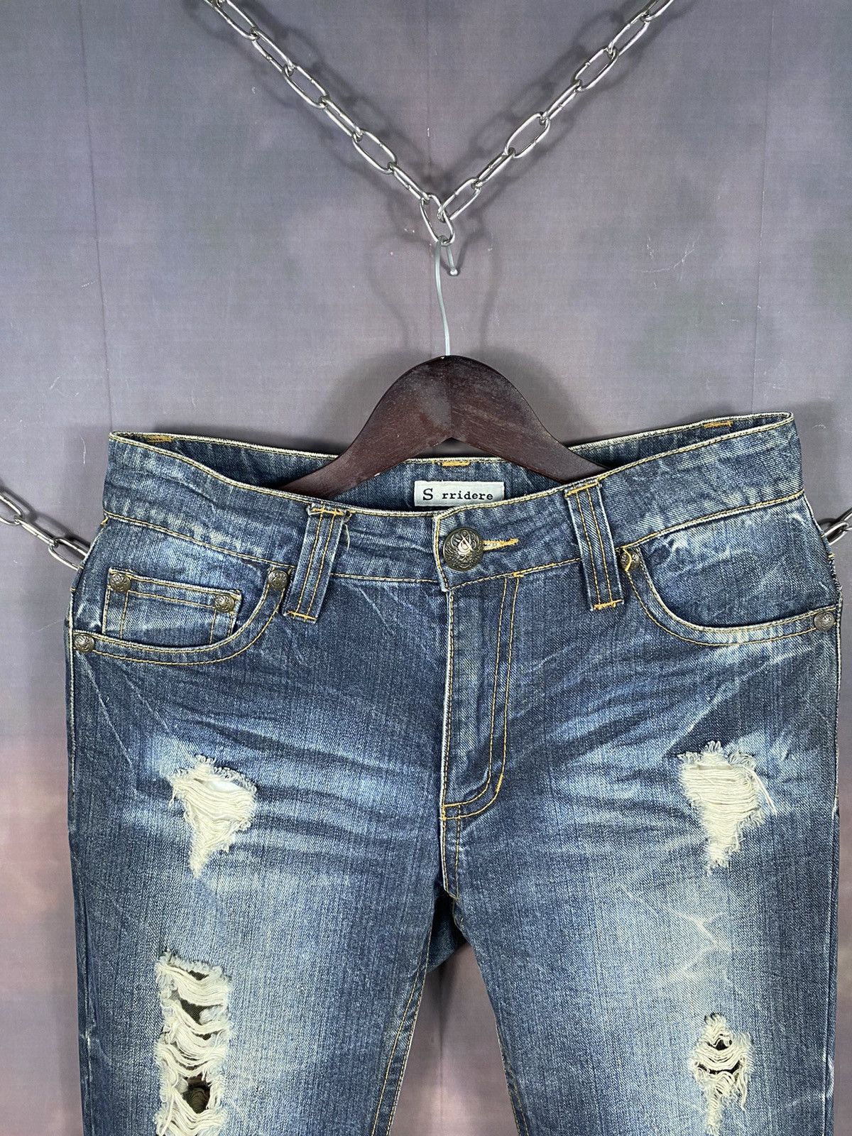 If Six Was Nine × Japanese Brand × Vintage Vintage Japan Printed Bling Ripped Low Rise Flare Jeans Size 31" - 5 Thumbnail