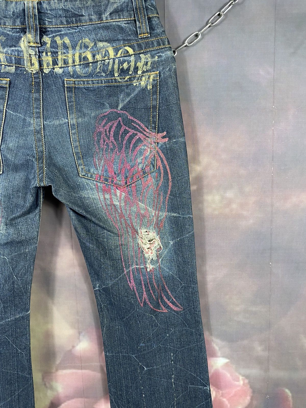If Six Was Nine × Japanese Brand × Vintage Vintage Japan Printed Bling Ripped Low Rise Flare Jeans Size 31" - 13 Thumbnail
