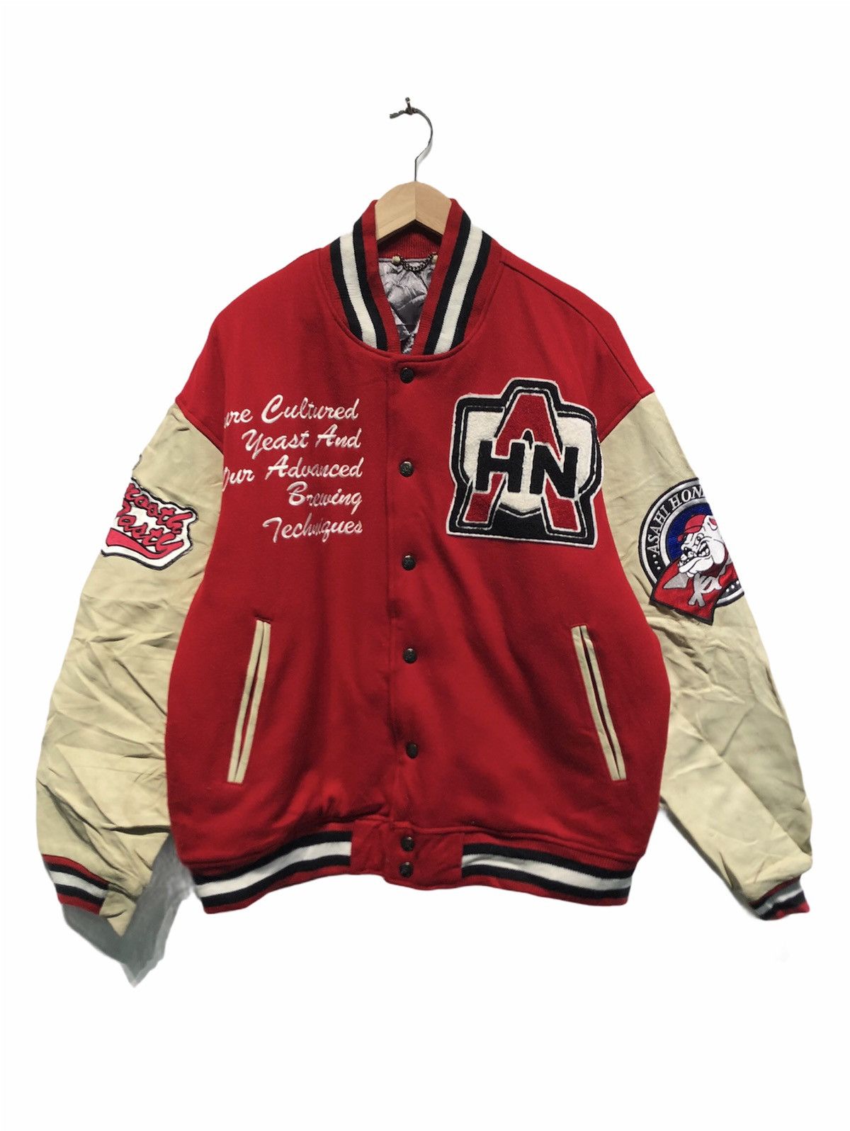 image of Oldvarsitystadium x Varsity Jacket Asahi Honnama Big Logo Varsity Jacket in Red, Men's (Size Large)
