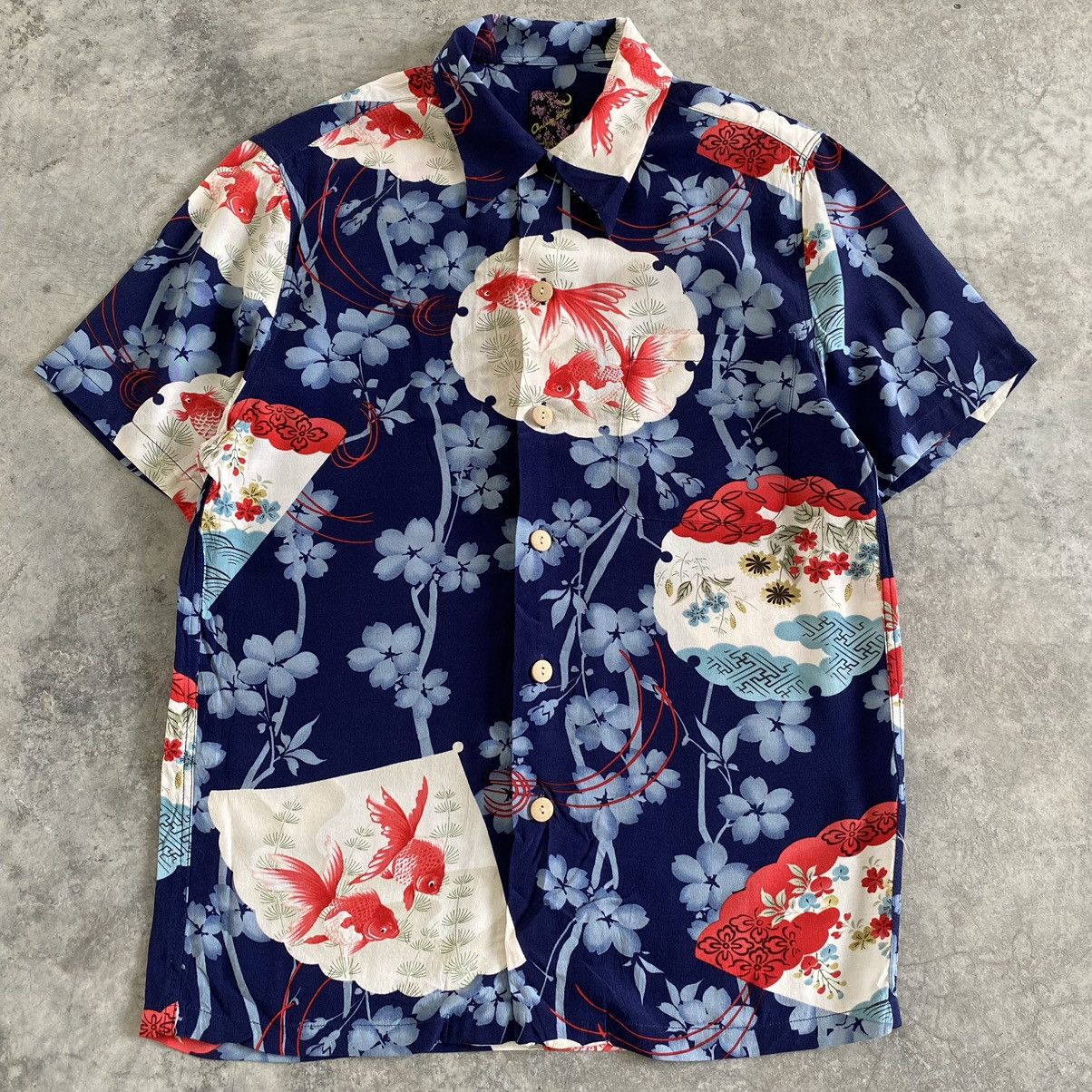 Vintage Oniwa Sato Rayon Crepe Goldfish Aloha Hawaiian Shirt