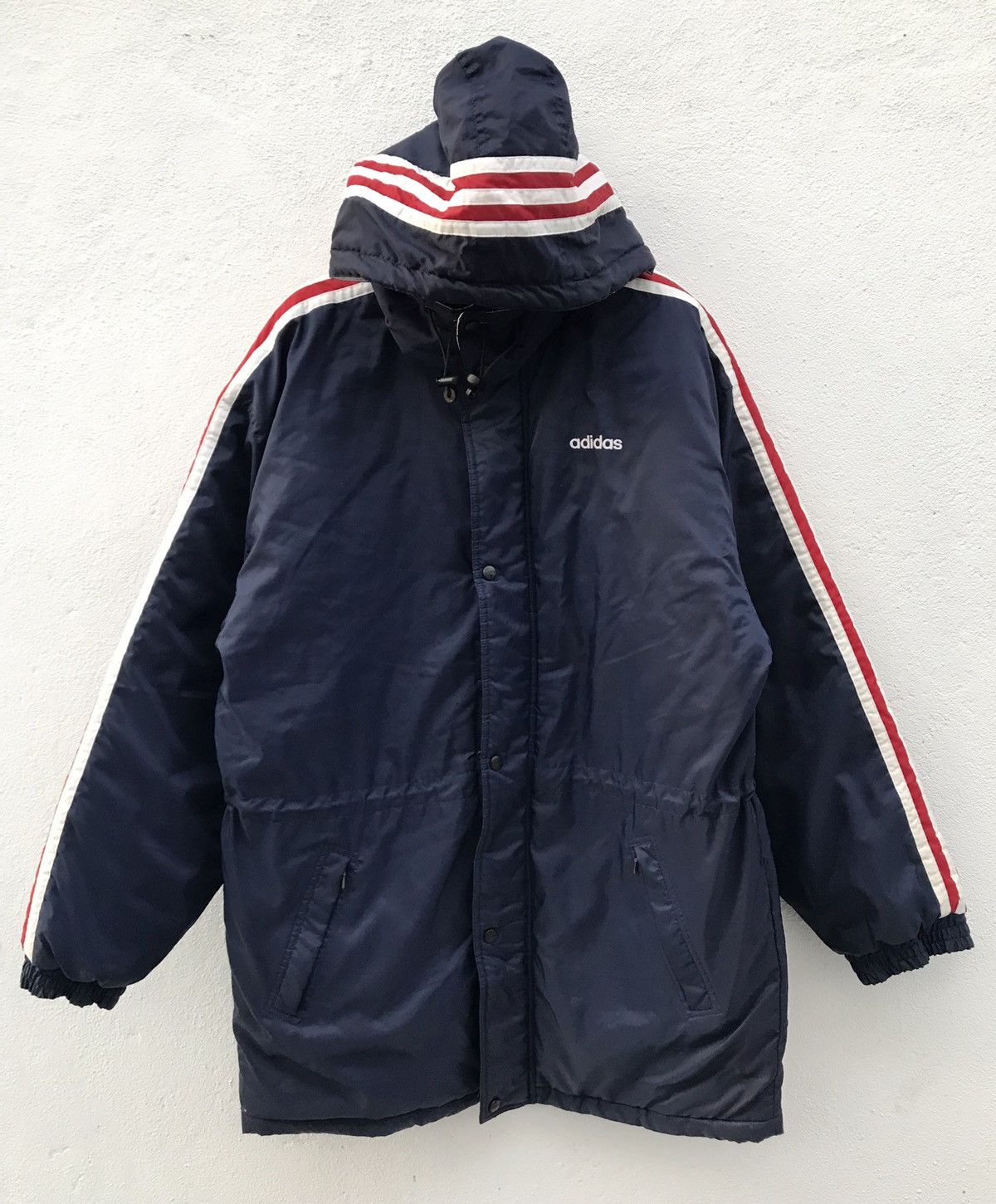 Adidas × Vintage Vintage Adidas Big Logo Stripe Hooded Long Jacket Size US M / EU 48-50 / 2 - 2 Thumbnail