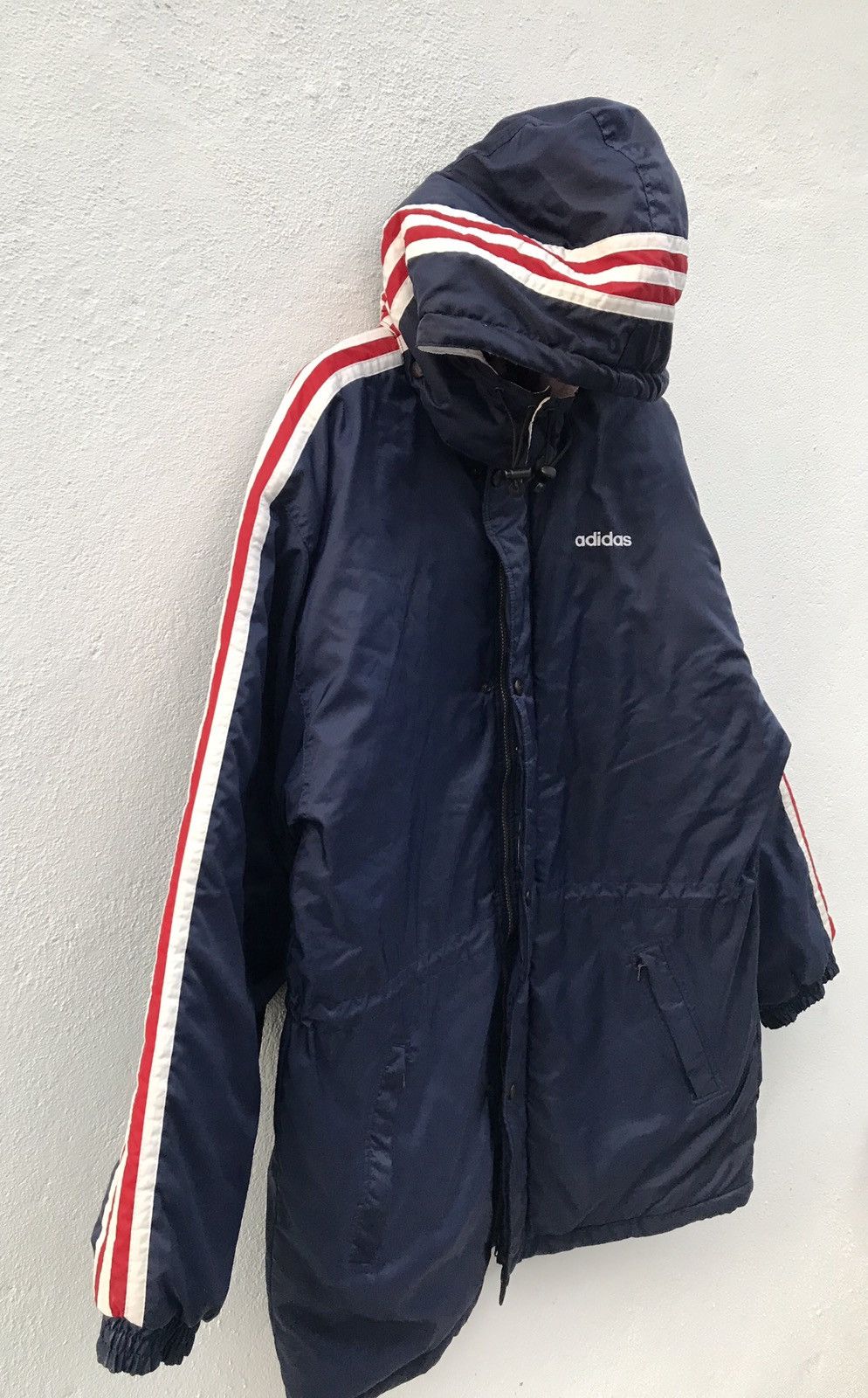 Adidas × Vintage Vintage Adidas Big Logo Stripe Hooded Long Jacket Size US M / EU 48-50 / 2 - 3 Thumbnail