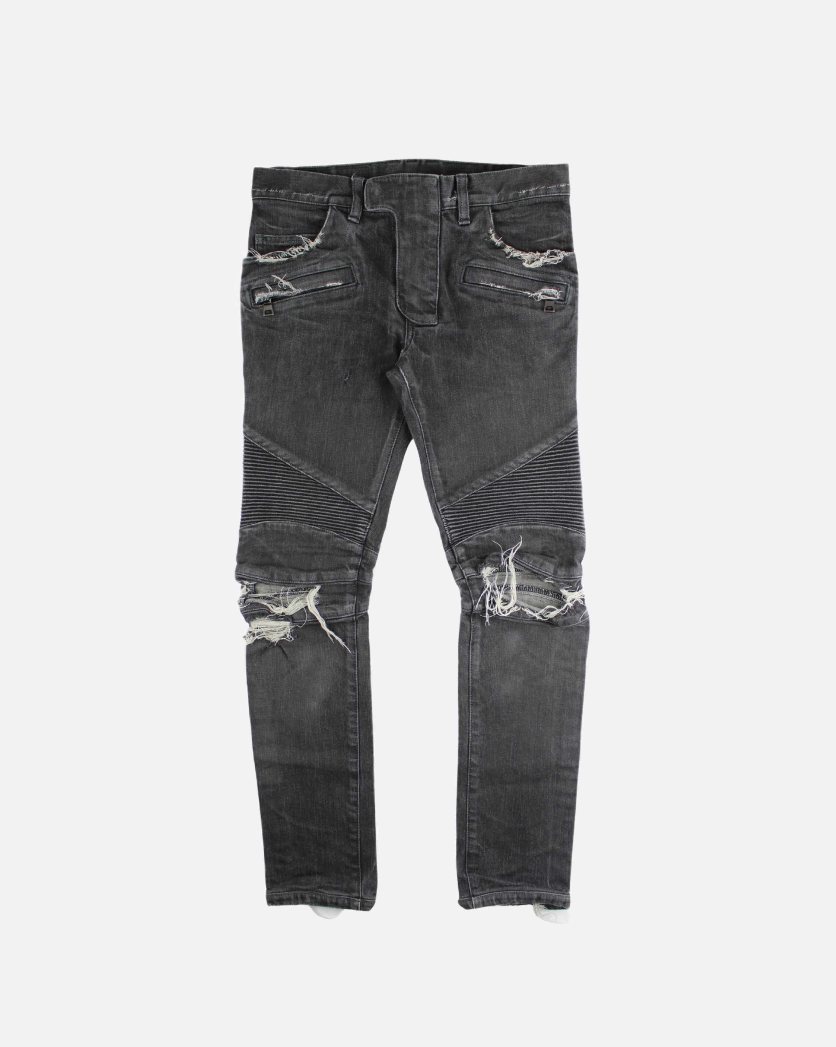 Balmain Grey Distressed Biker Jeans