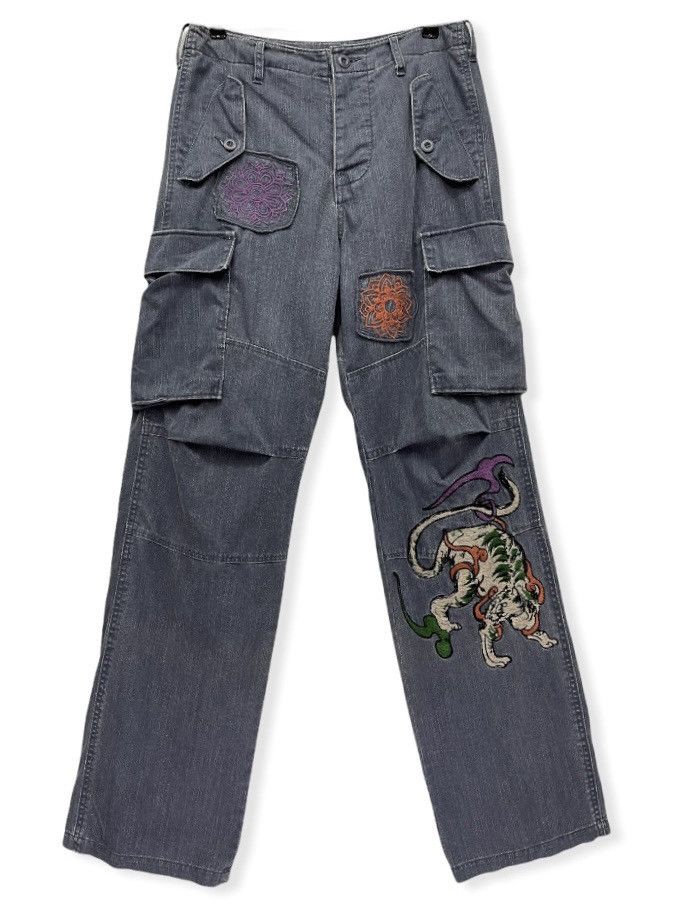 Japanese Brand 🔥Sukajan KU Tiger & Flowers Embroidery Cargo Pants Karakuri Size US 29 - 2 Thumbnail