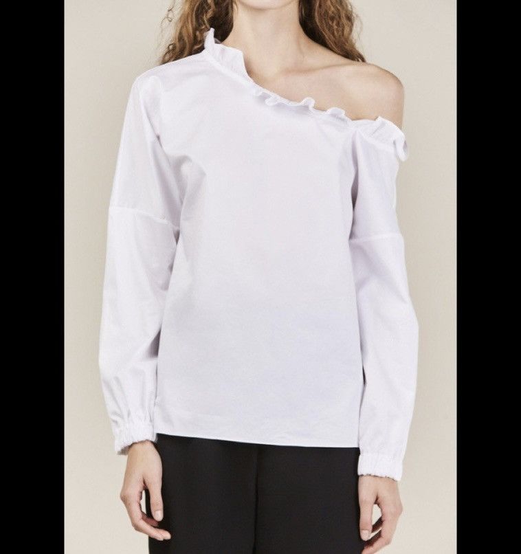 Tibi Women's White Satin Poplin One-shoulder Ruffle Top