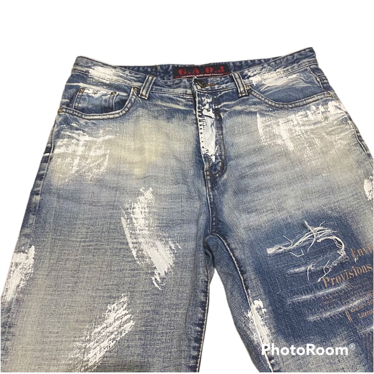 Japanese Brand Vintage 33x30 GADJ Splatter Paint Spell Out Denim Jeans Size US 33 - 5 Thumbnail