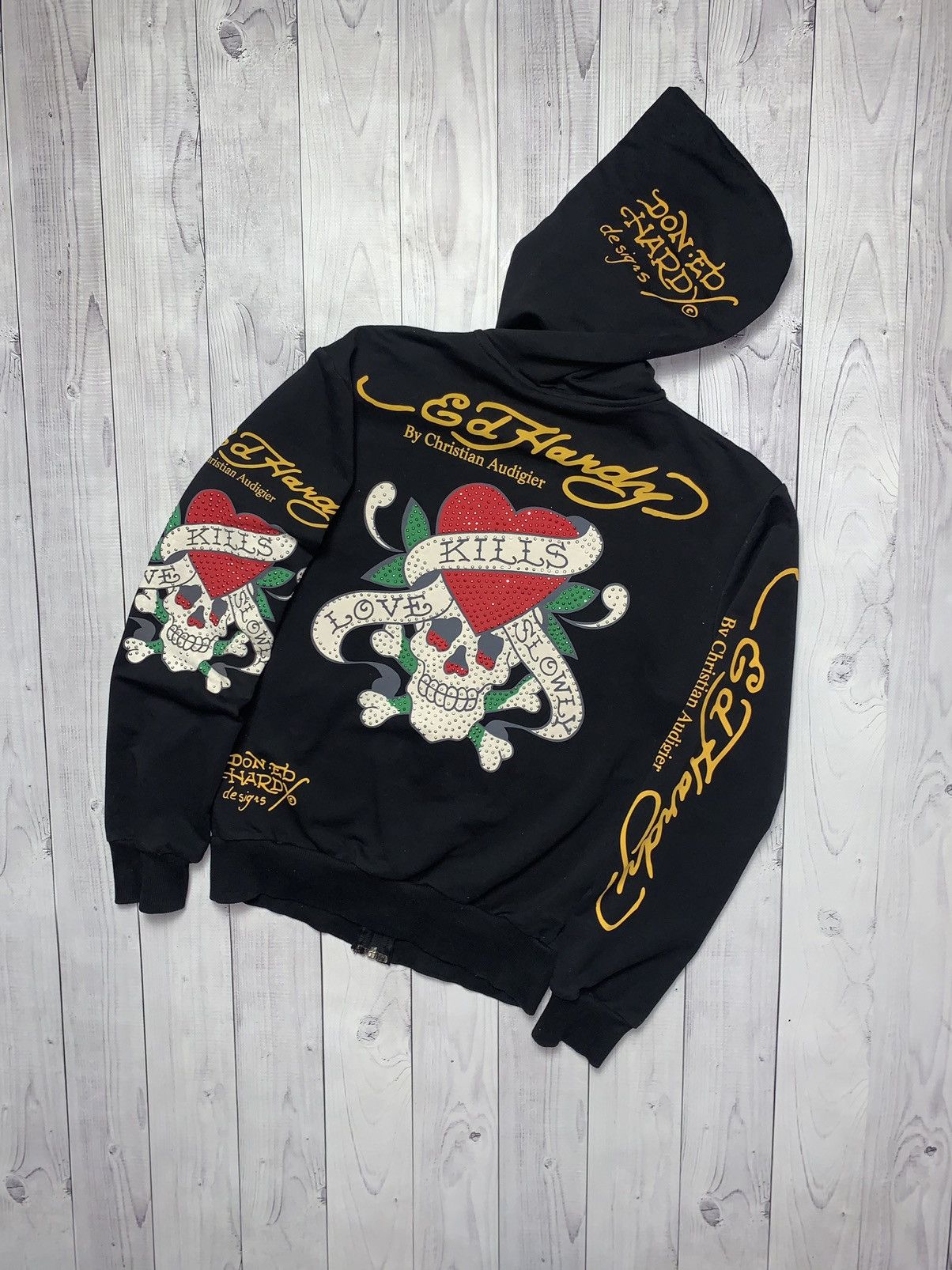 image of Vintage Ed Hardy By Christian Audigier Zip Hoodie Women’S S in Black, Women's (Size XS)