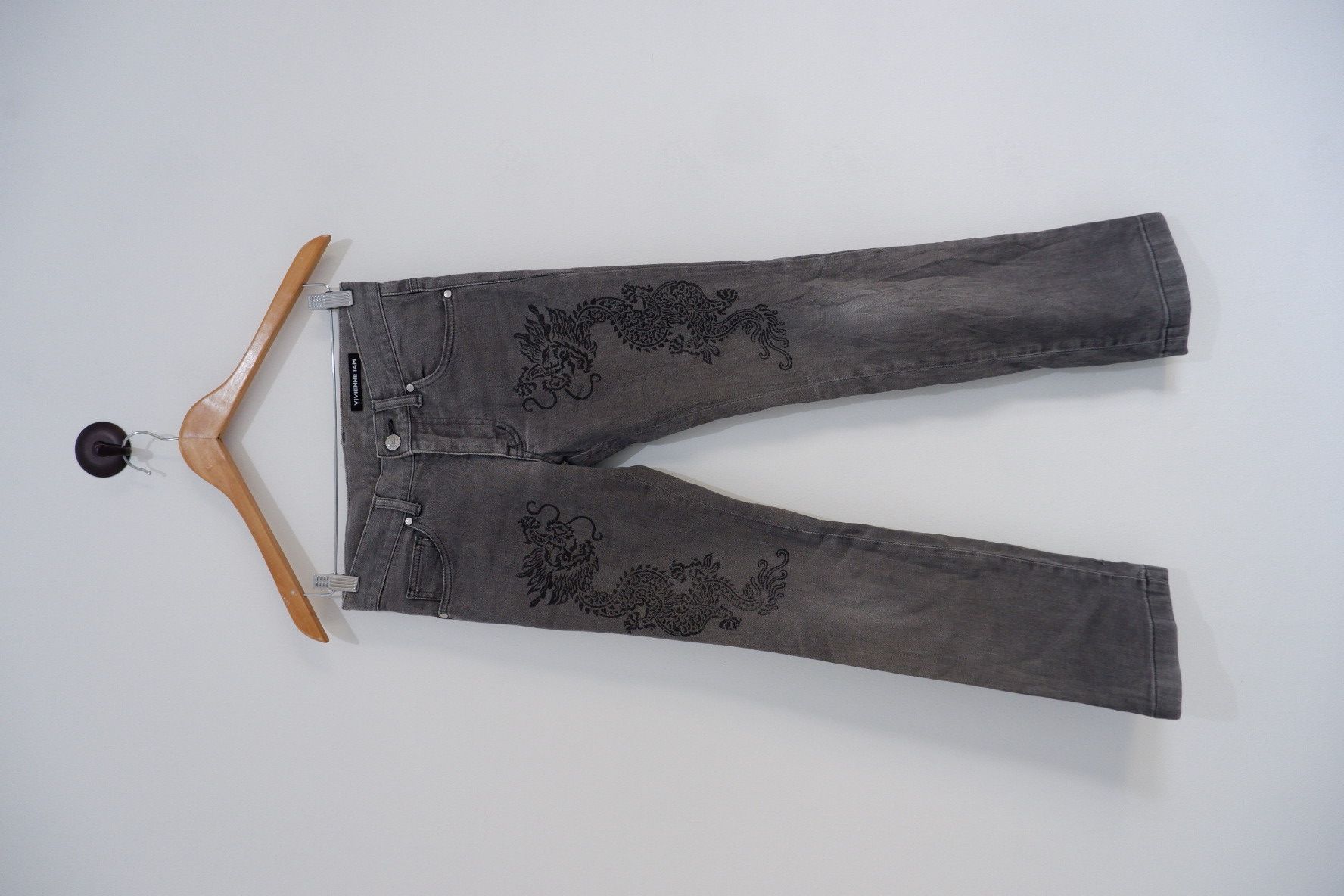 image of Vivienne Tam Twin Dragon Jeans in Grey, Women's (Size 28)