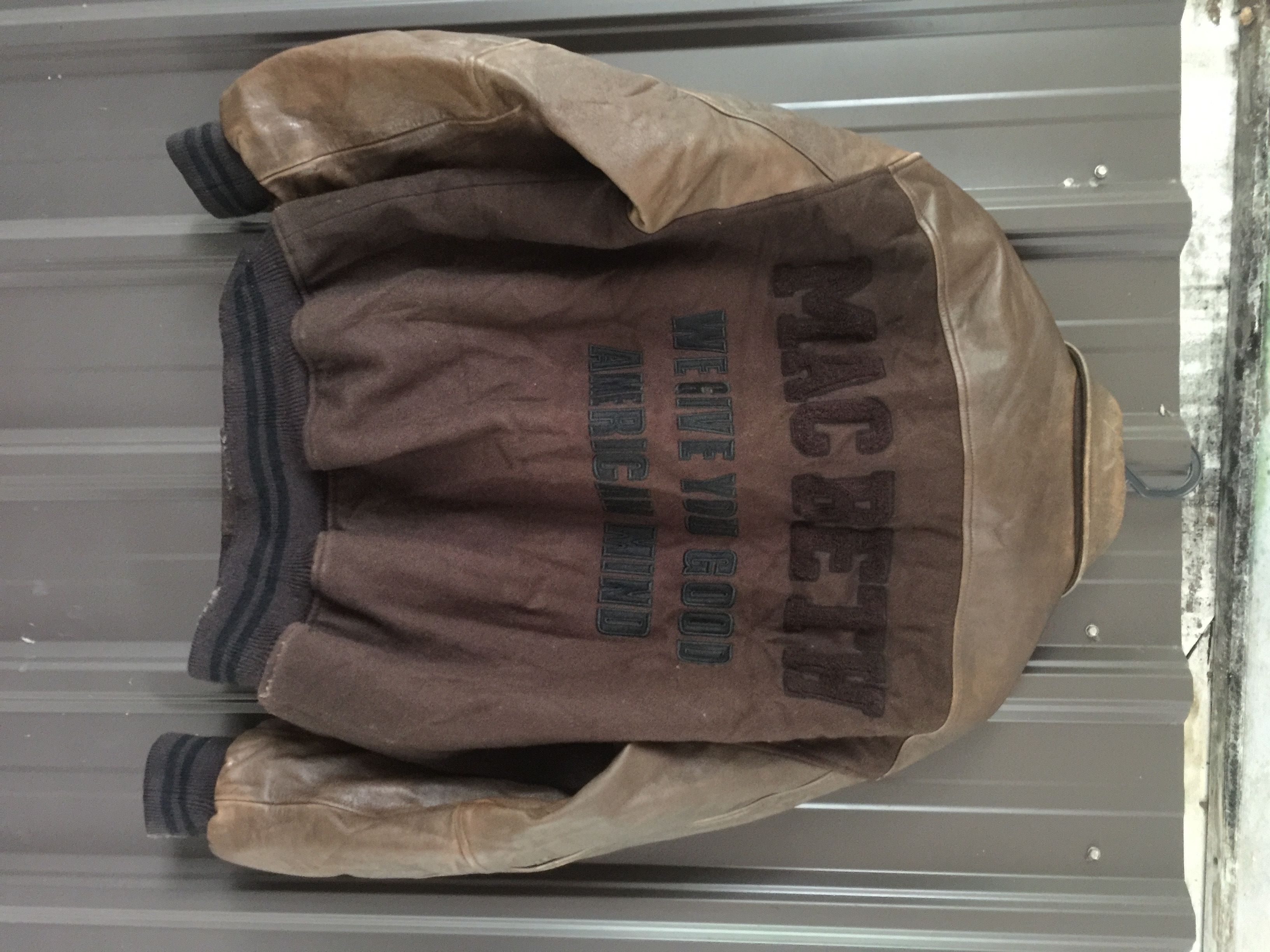 image of Macbeth Leather Sleeve Varsity Jacket in Brown, Men's (Size Large)