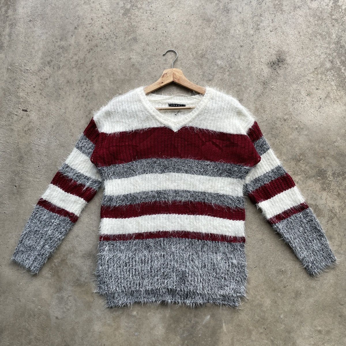 image of Coloured Cable Knit Sweater Steals Japan Ingni Striped Mohair Shag Shaggy Fur Knitwear (Size Medium