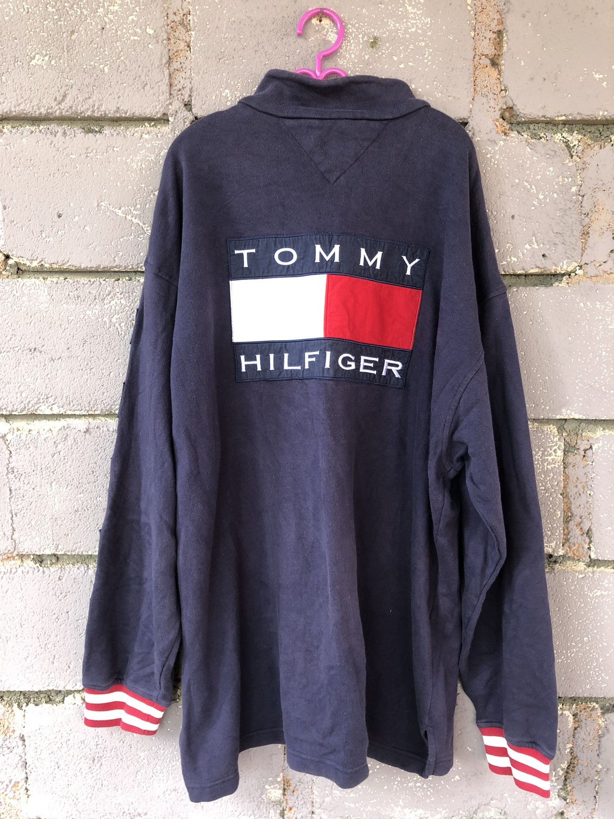 image of 90's Vintage Tommy Hilfiger Sweatshirt Jacket in Blue Black, Men's (Size Large)