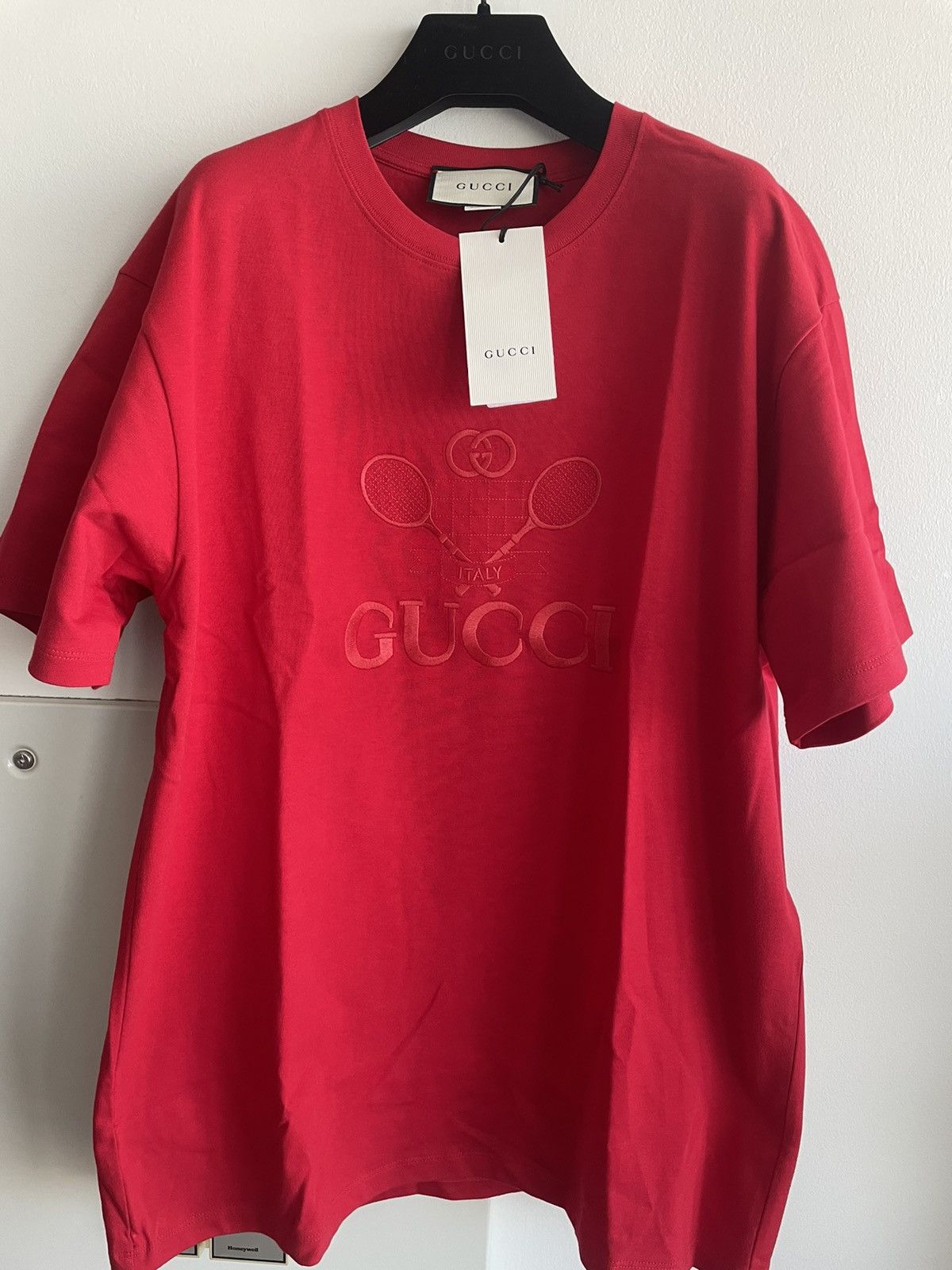 image of Gucci Limited Edition Super Runway Tennis Embroidery Logo Tee in Red, Men's (Size XL)