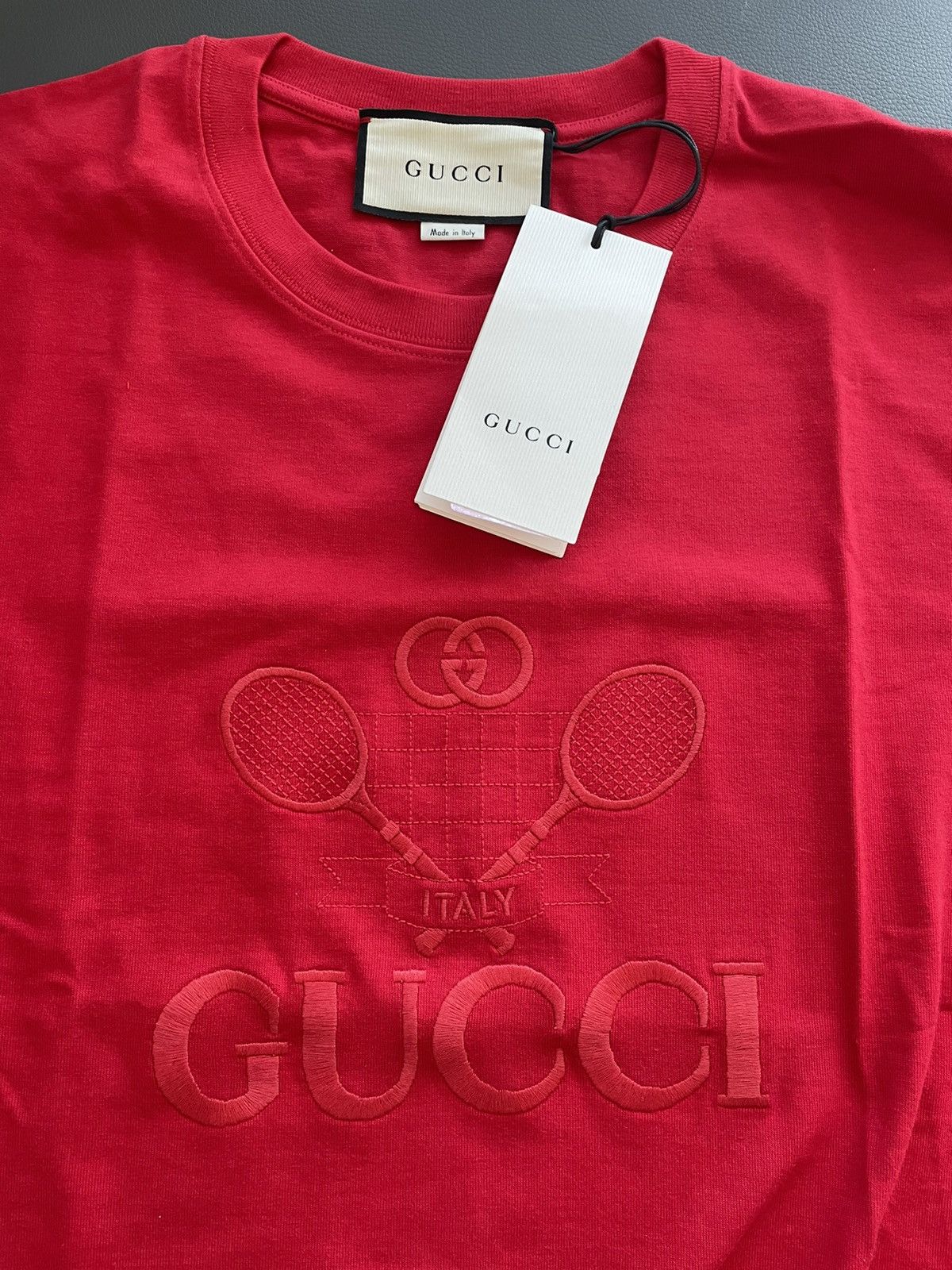 image of Gucci Limited Edition Super Runway Tennis Embroidery Logo Tee in Red, Men's (Size XL)