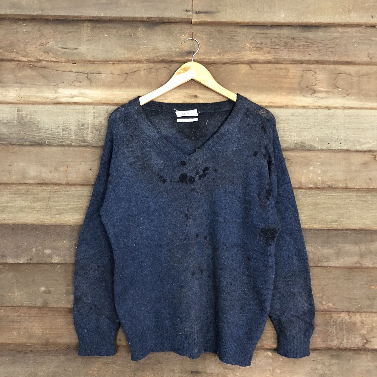 image of Homespun Knitwear x Vintage Mila Owen Blue Distressed Wool Blend Knitwear C1179, Men's (Size Medium