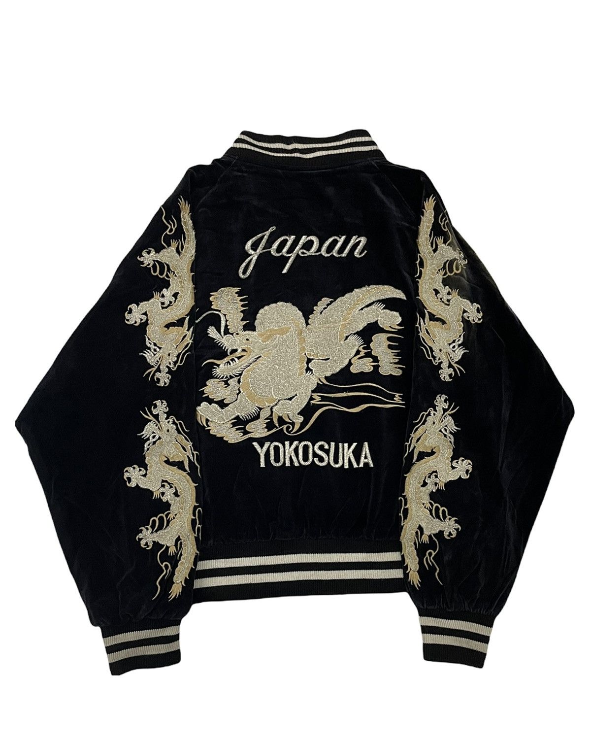 Image of Sukajan Souvenir Jacket Vintage Sukajan Dragon Velvet Bomber Jacket in Black, Men's (Size Small)