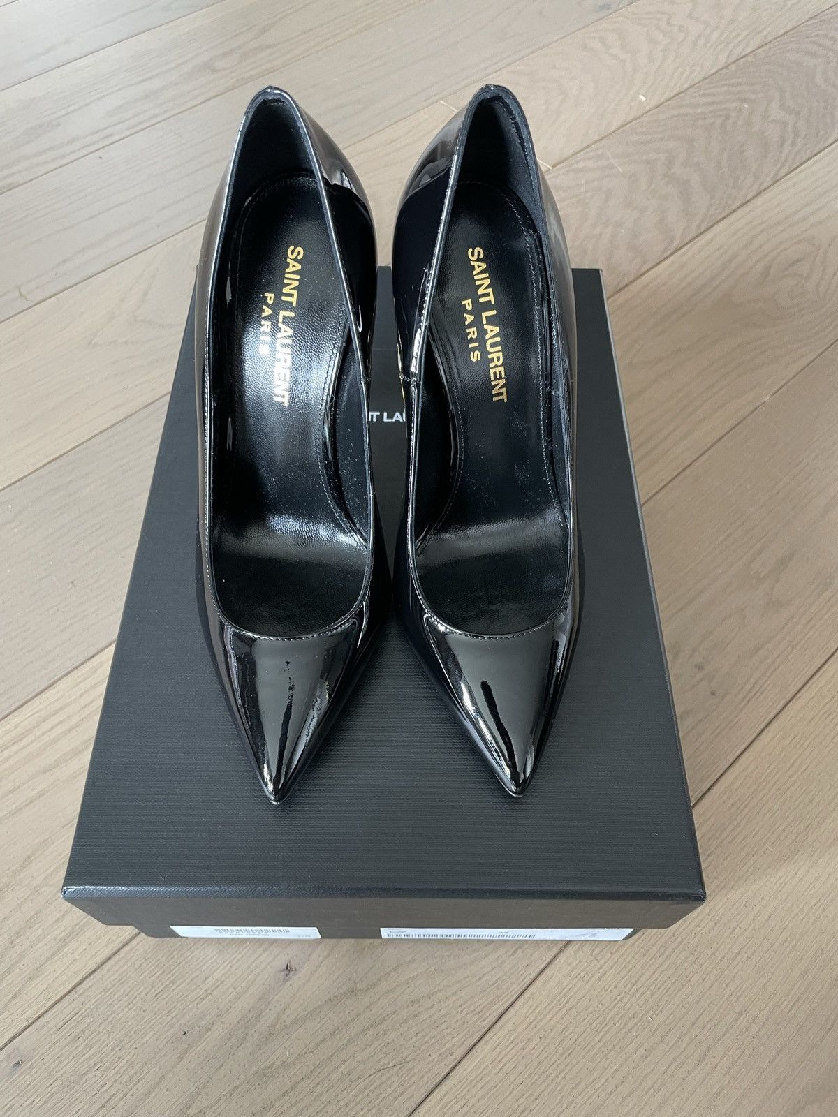 image of Saint Laurent Paris x YVES Saint Laurent Patent Leather Opyum Heel Shoes 110 in Black, Women's (Siz