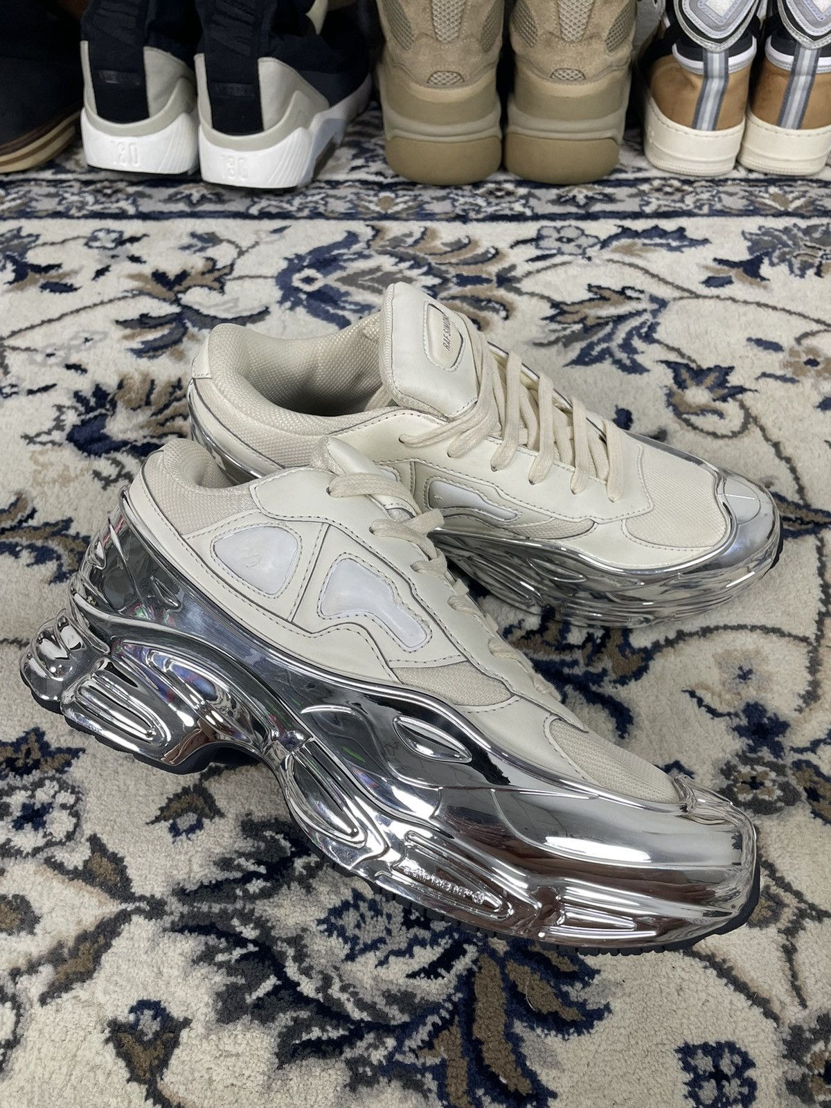 image of Adidas Raf Simons Ozweego Shoes in Mirrored Cream White, Men's (Size 8)