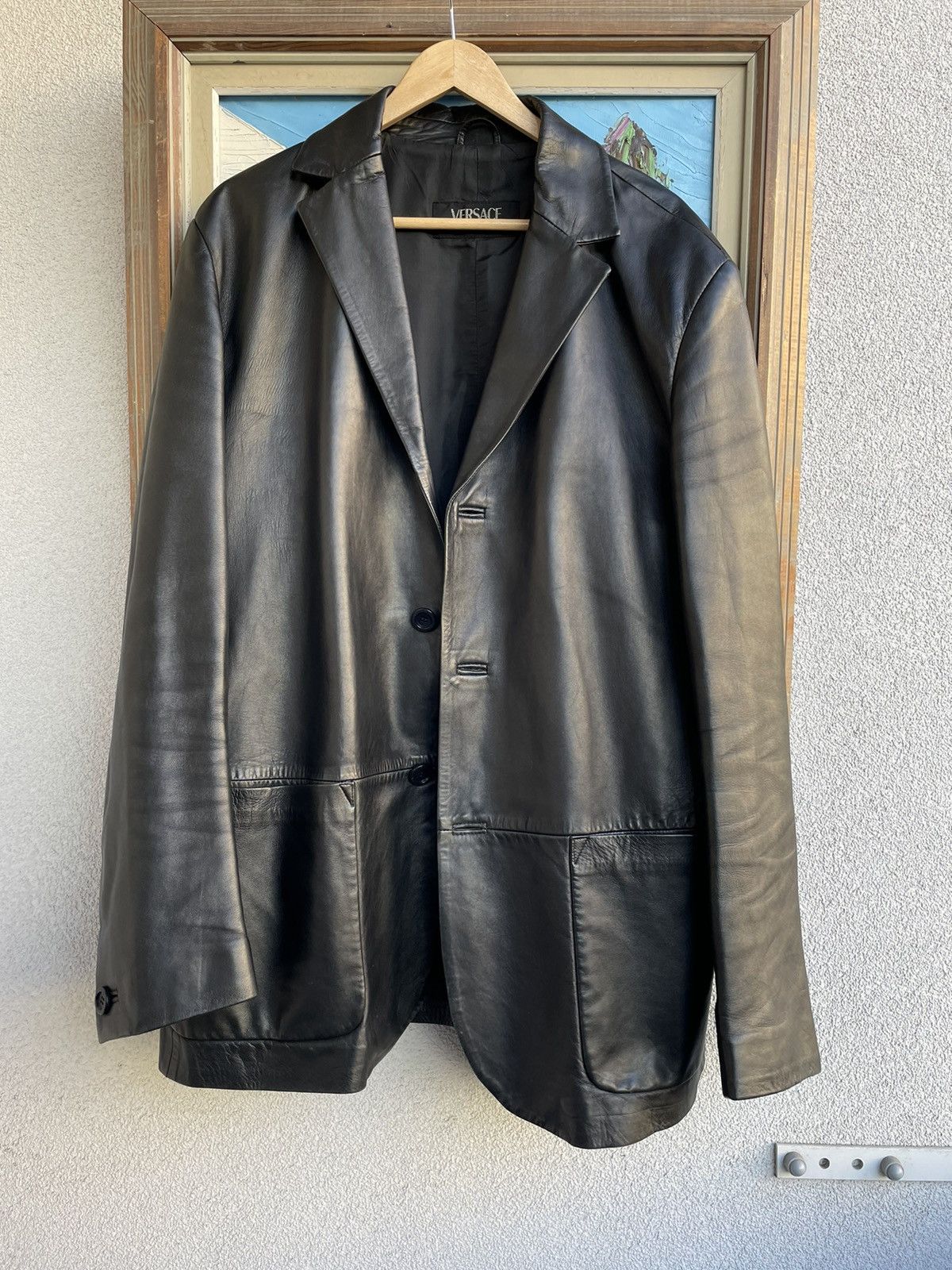 image of Leather Jacket High Quality Pelle Leather Versace Designer Coat Jacket in Black, Men's (Size XL)