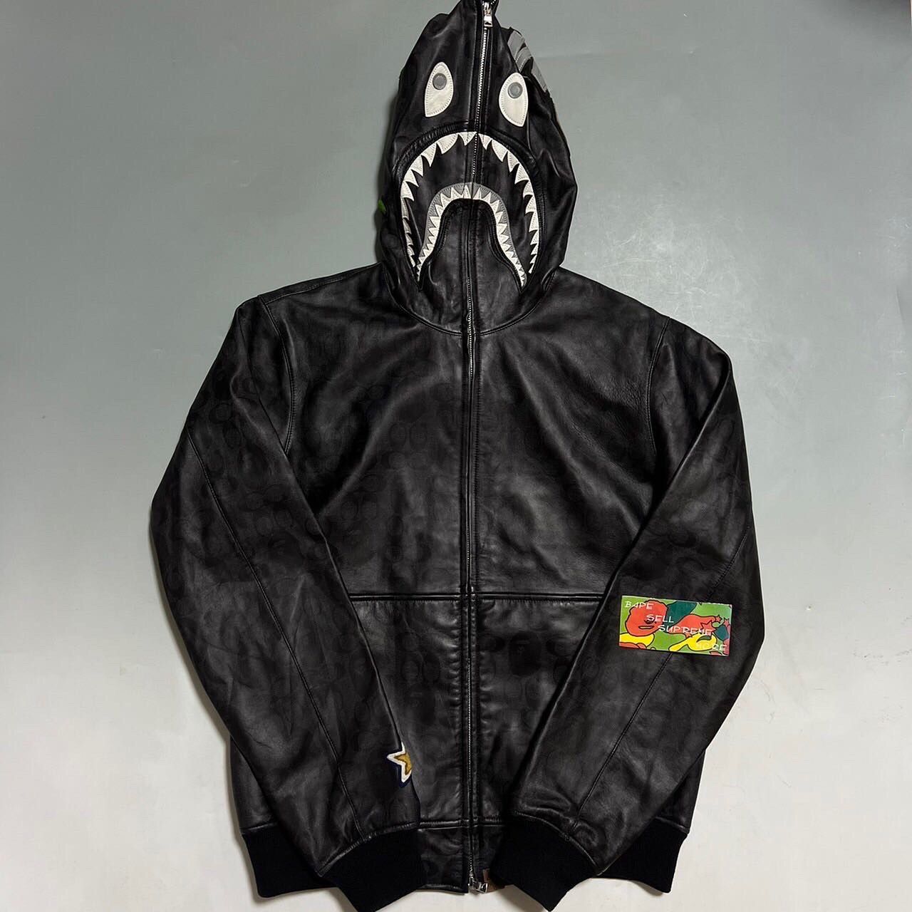 Bape BAPE x coach shark full zip hoodie leather jacket black | Grailed