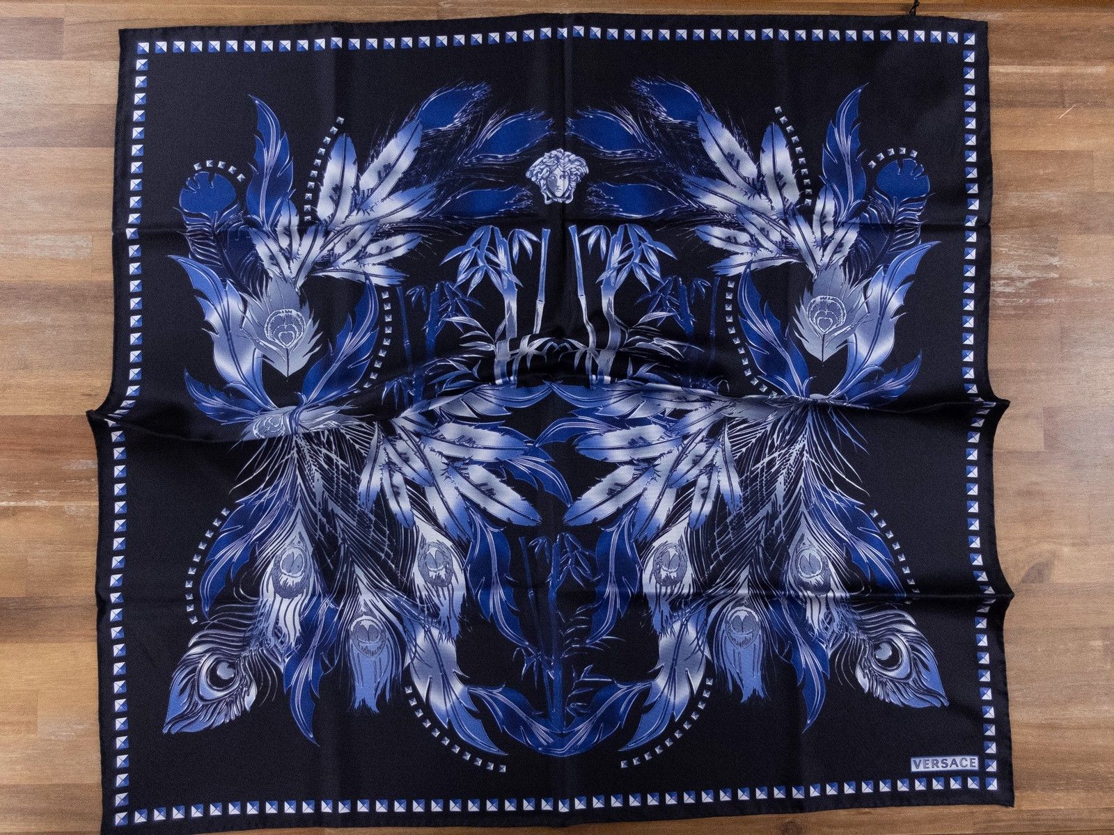 VERSACE blue black feather medusa silk square foulard scarf