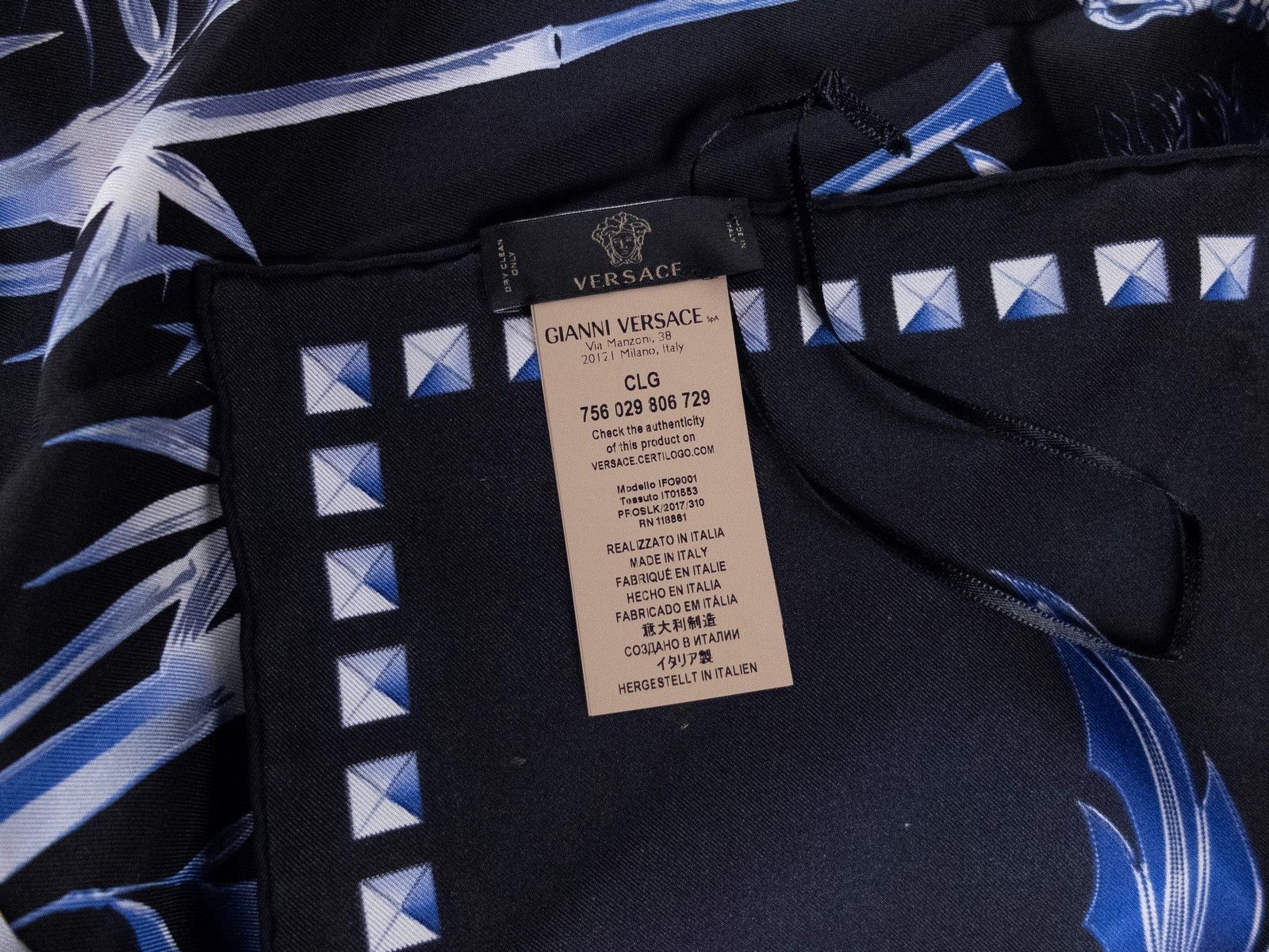 VERSACE blue black feather medusa silk square foulard scarf