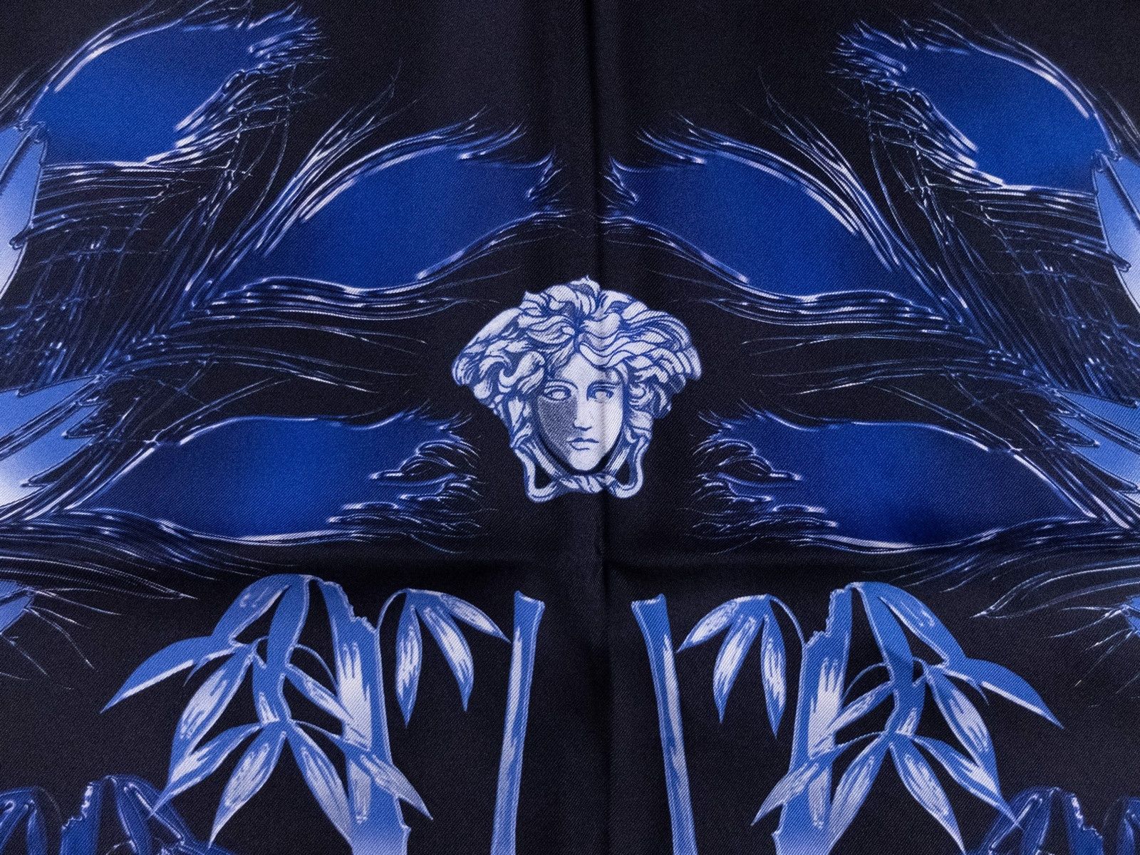VERSACE blue black feather medusa silk square foulard scarf