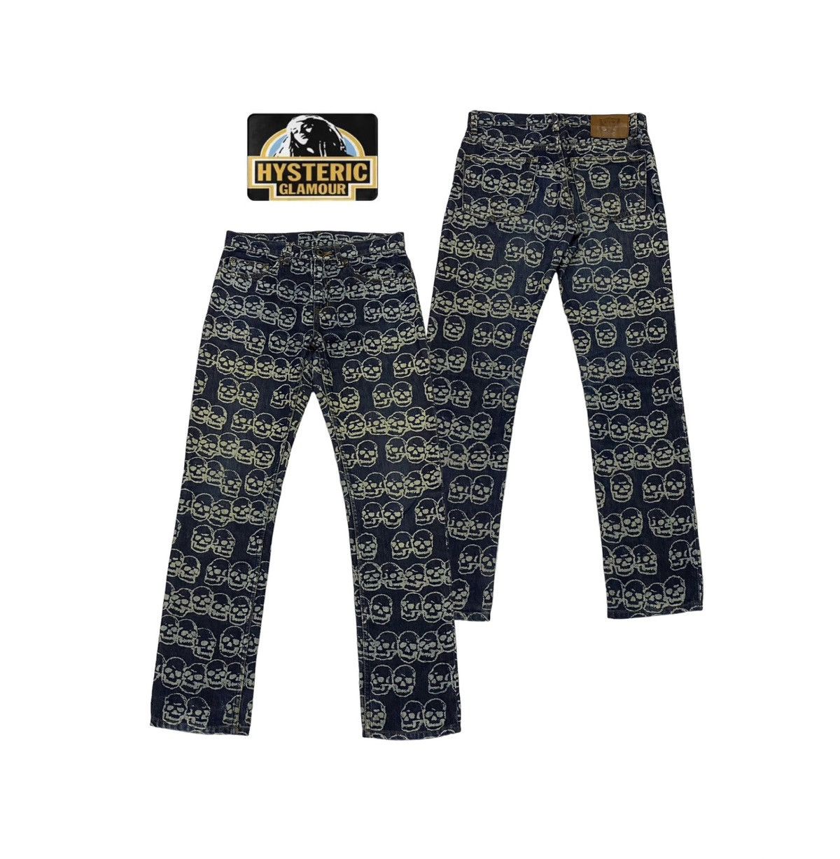 image of Hot1999 Hysteric Glamour Skull Fullprint Denim Pants in Blue, Men's (Size 29)