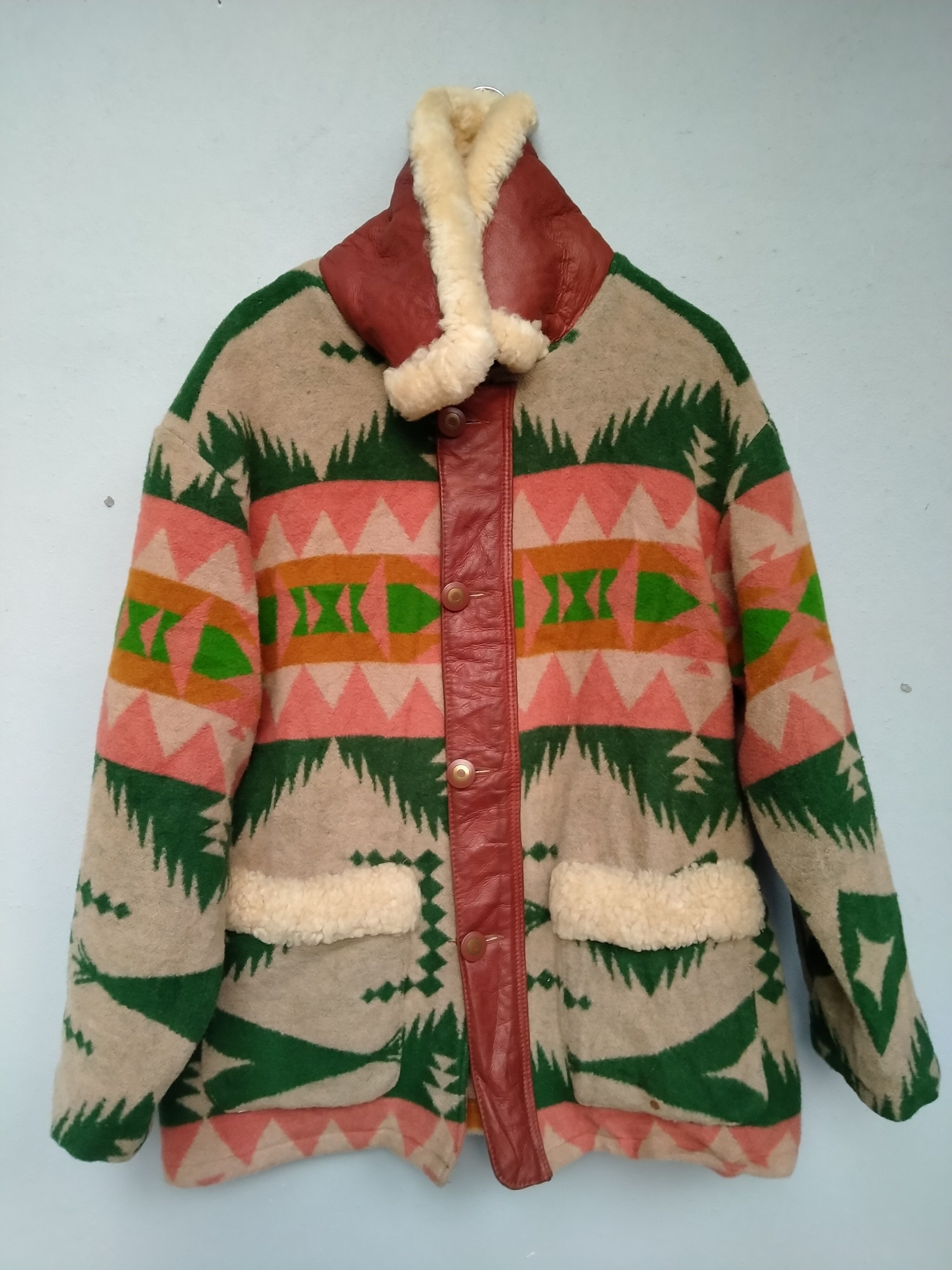 Native Vintage 70s Native Navajo Fleece Genuine Leather Jacket Size US L / EU 52-54 / 3 - 1 Thumbnail