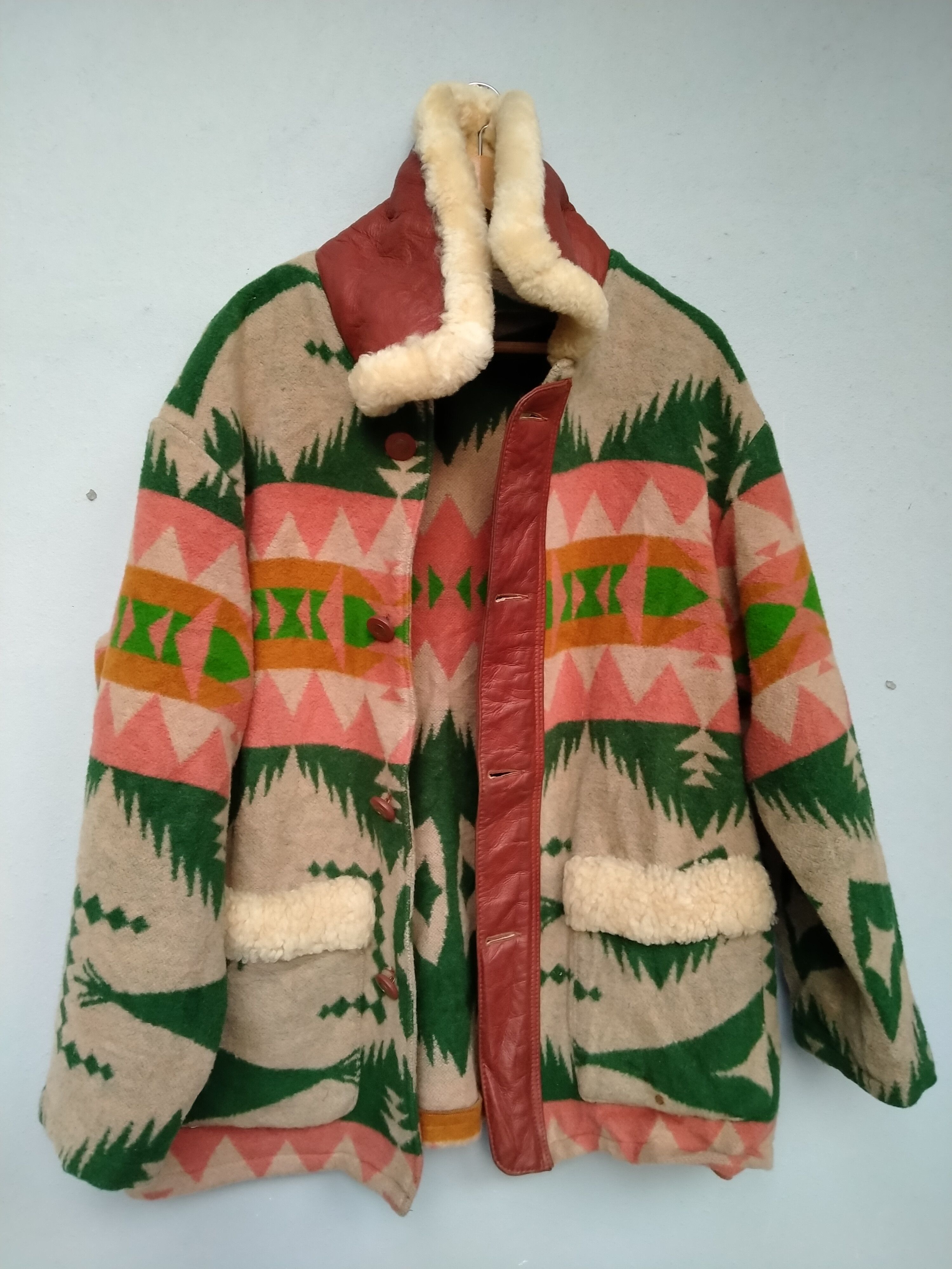 Vintage 70s Native Navajo Fleece Genuine Leather Jacket