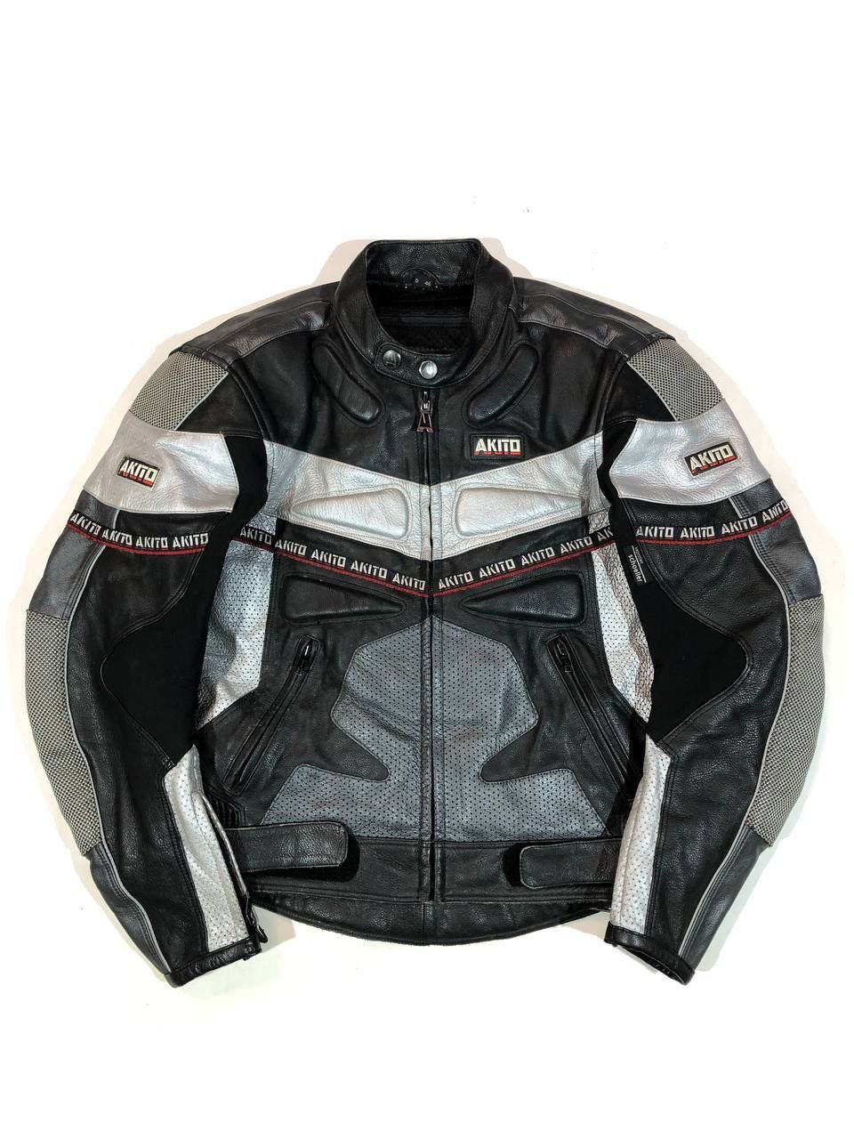 image of Akito Moto Leather Jacket Racing in Grey, Men's (Size Small)