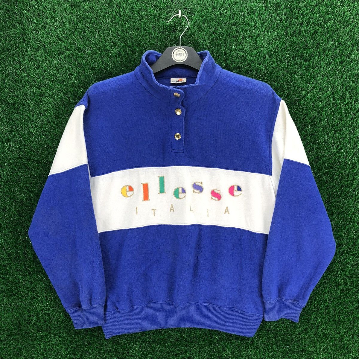 image of Ellesse x Vintage Ellese Big Logo Embroidered Block Color Sweater in Blue/White, Men's (Size Medium