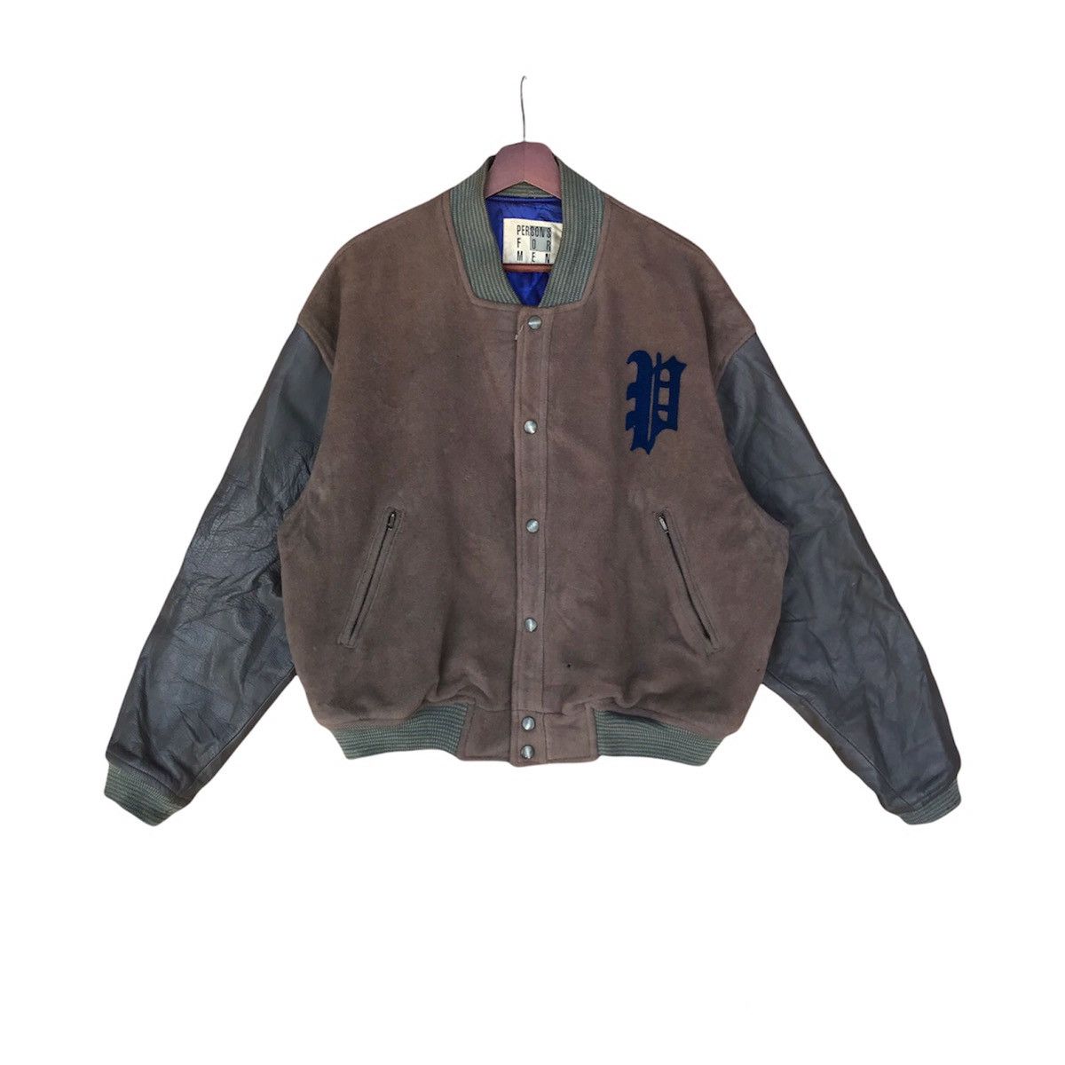 image of Vintage Varsity Persons For Men Leather Sleeve in Brown (Size Medium)