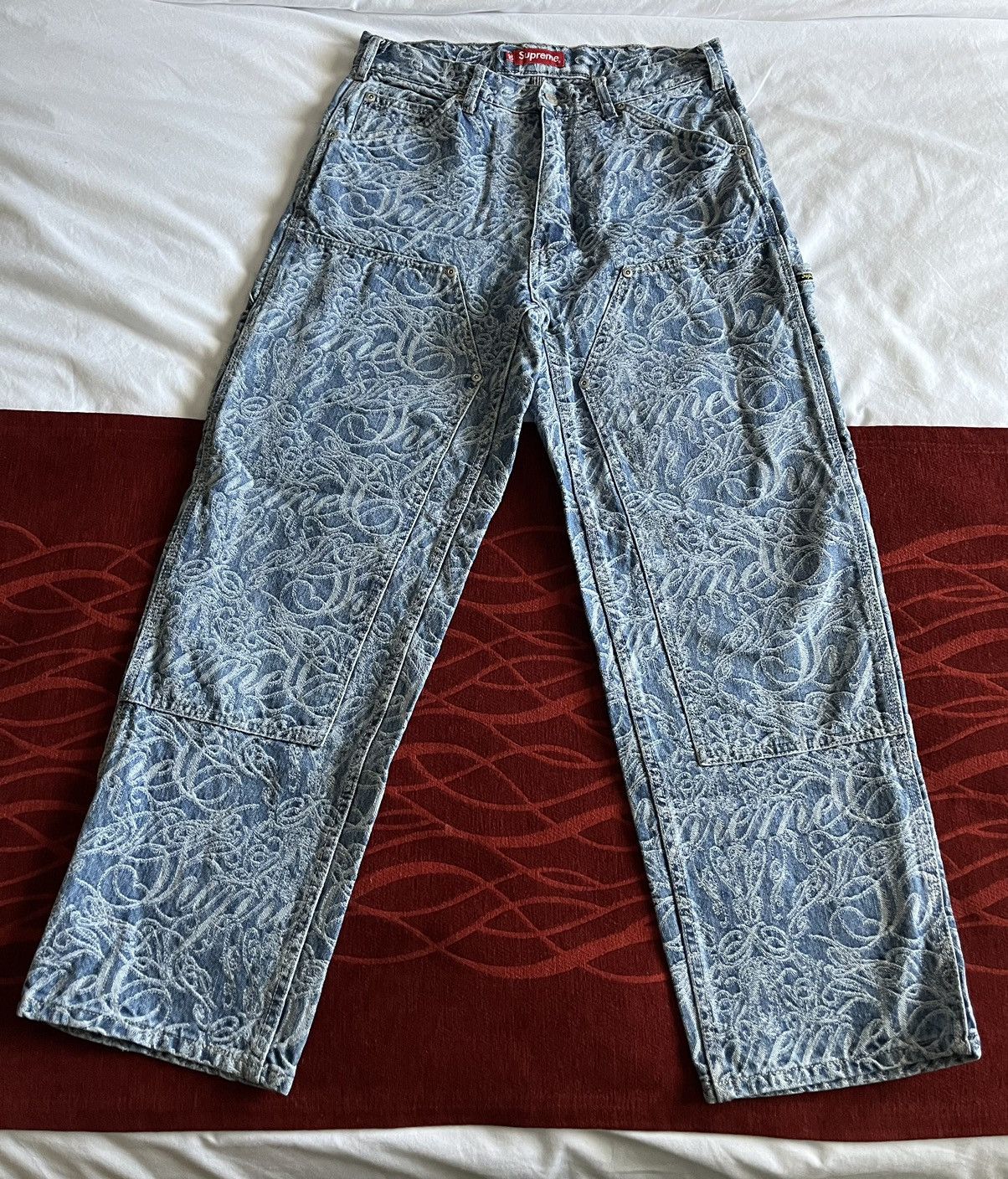 NWT Supreme Script Jacquard Logo Double Knee Denim Jeans Blue Men's 34  AUTHENTIC