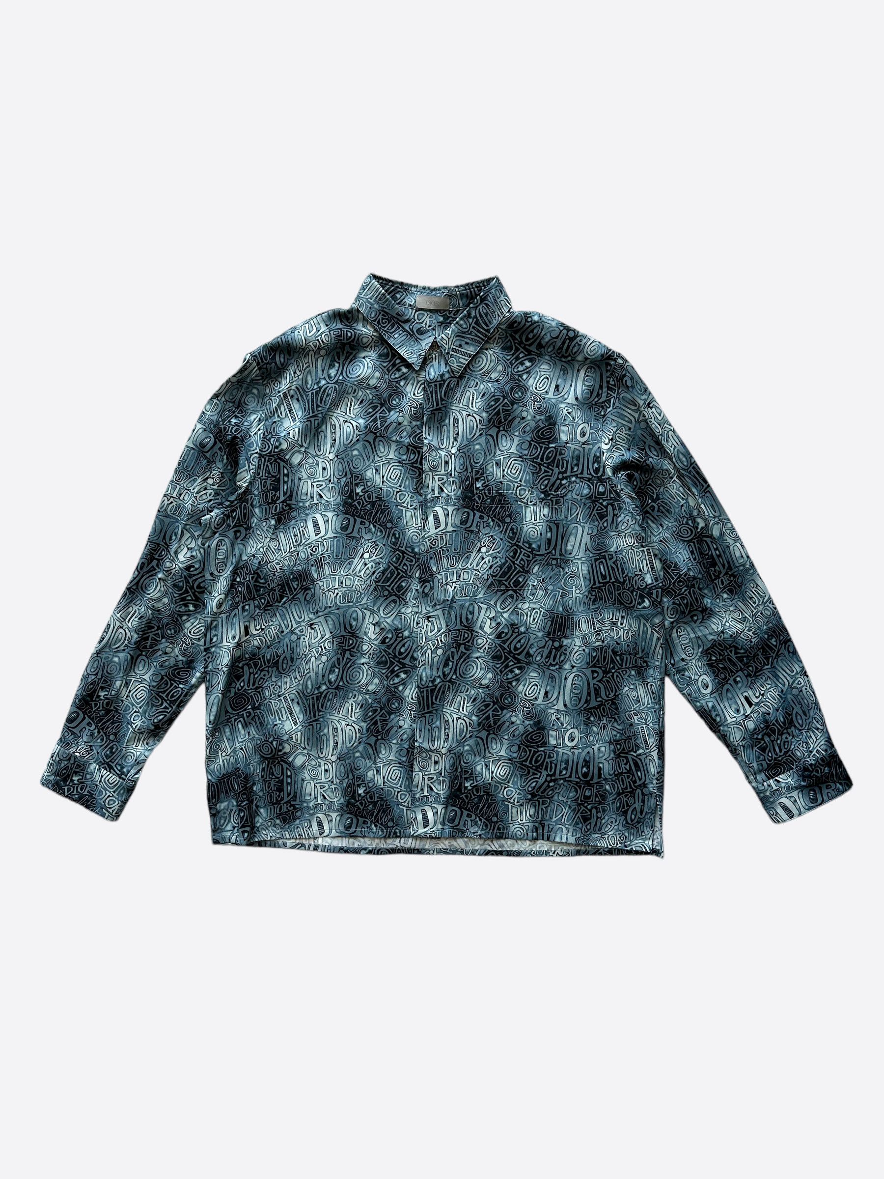 image of Dior Stussy Blue Wavy Print Button Up Shirt, Men's (Size 2XL)