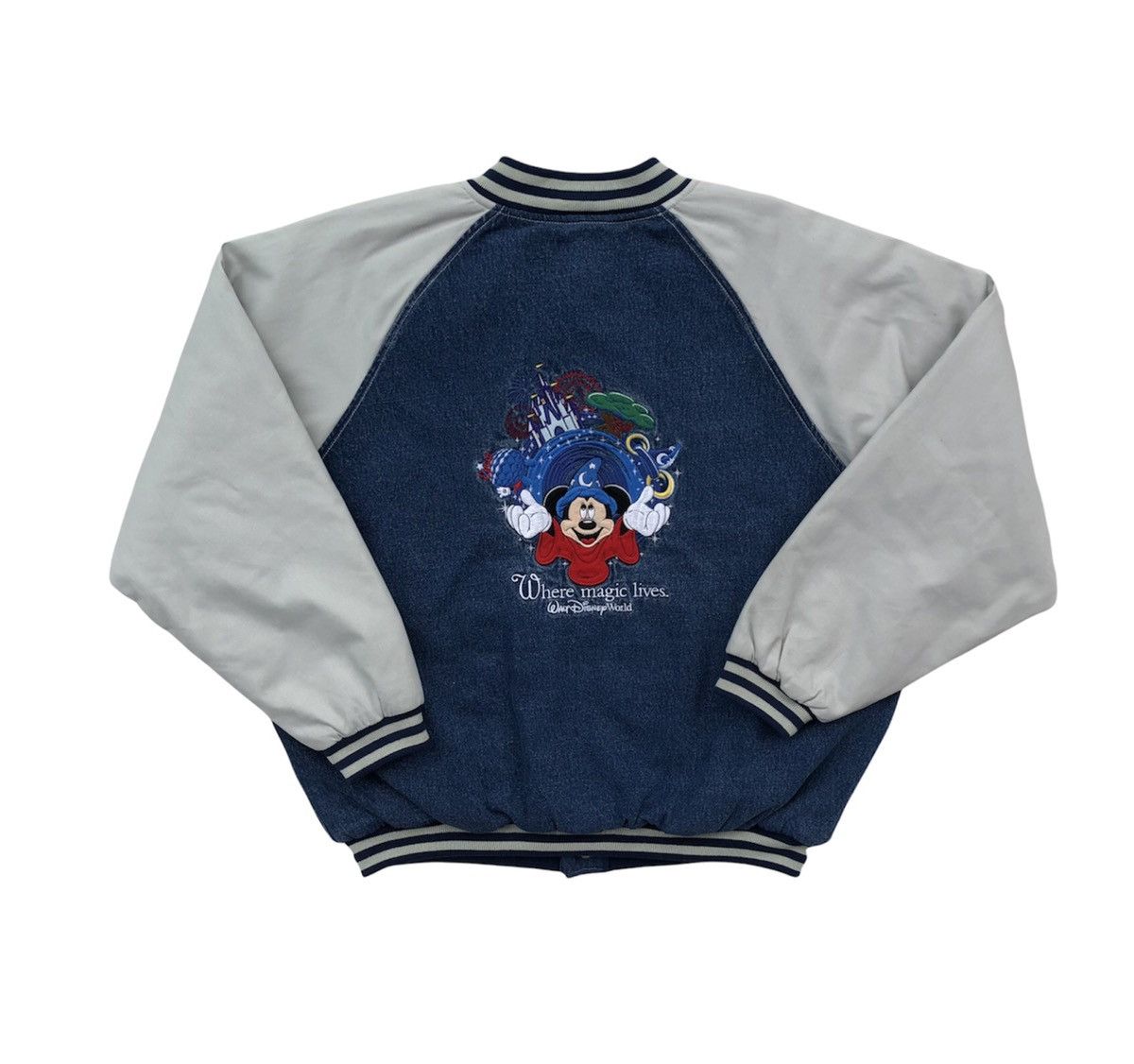 Disney 90s Walt Disney World Embroidery Logo Denim Varsity Jacket Size US XL / EU 56 / 4 - 4 Thumbnail