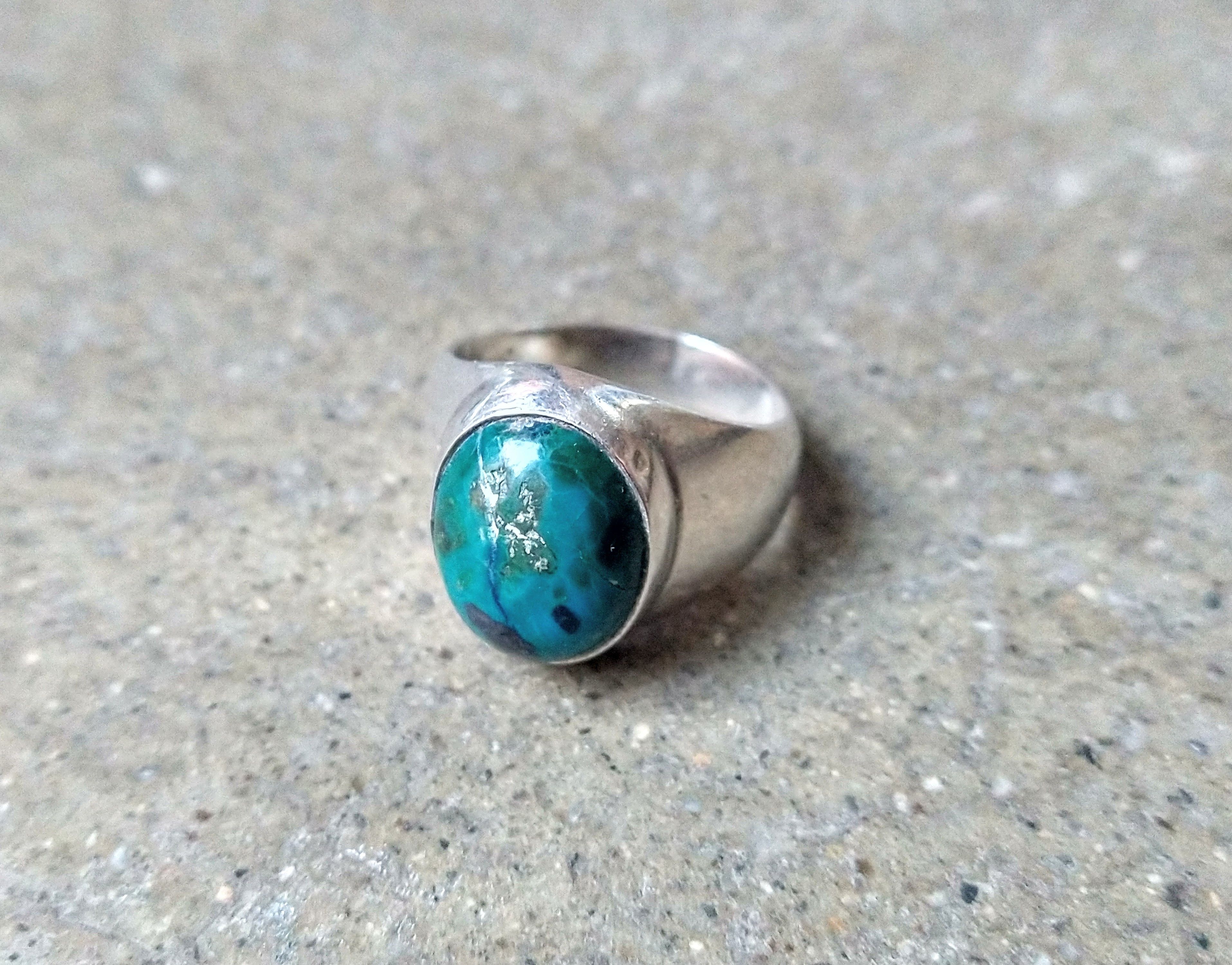 Jewelry x Sterling Silver Vintage Sterling Silver Ring Chrysocolla Size 8.75 Blue Oval, Men's