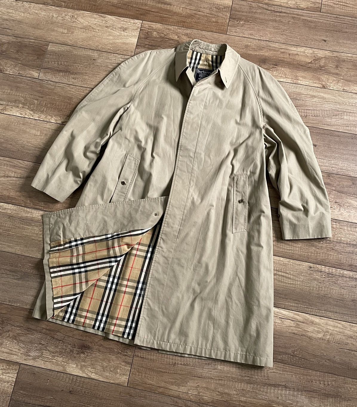 Vintage Burberry Beige Long Nova Check Trench Coat Jacket