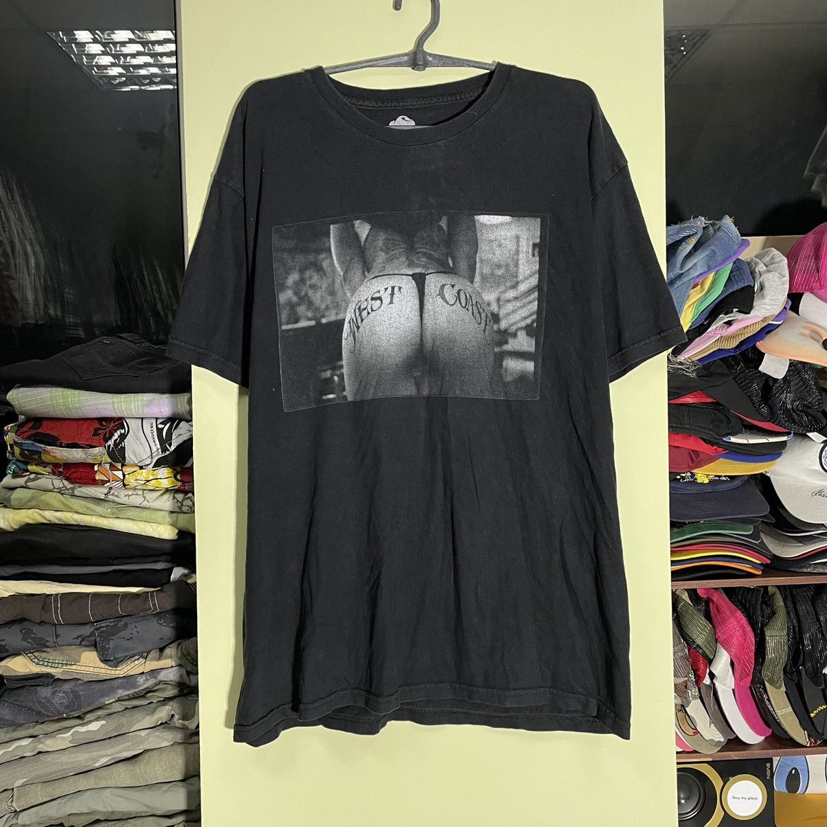 image of 90's Adult “ Sexy West Coast Babe” Art Humor Tee in Black, Men's (Size XL)