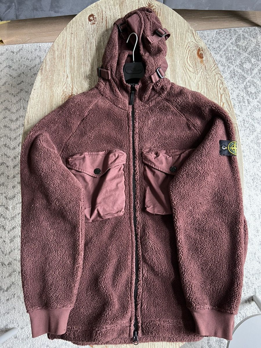 image of Stone Island Pile Fleece Hoodie, Model 7515 60134 in Burgundy, Men's (Size 2XL)