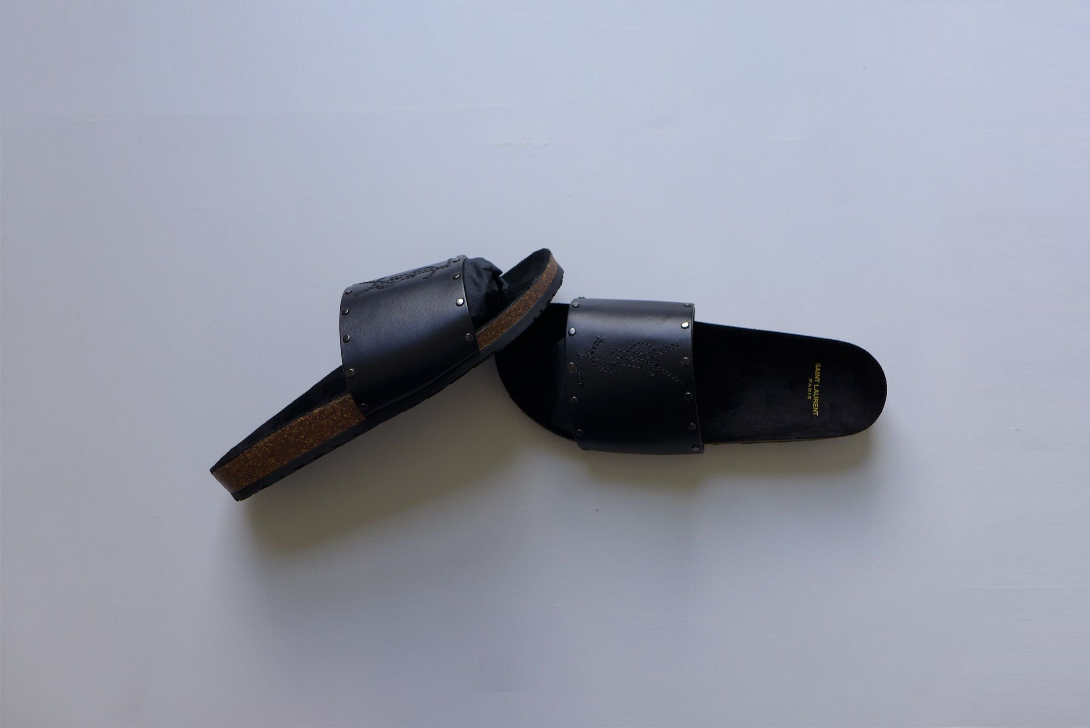 Saint Laurent Paris Saint Laurent Jimmy Logo Stud Slides Sandal - Black Leather Size US 11 / EU 44 - 10 Thumbnail
