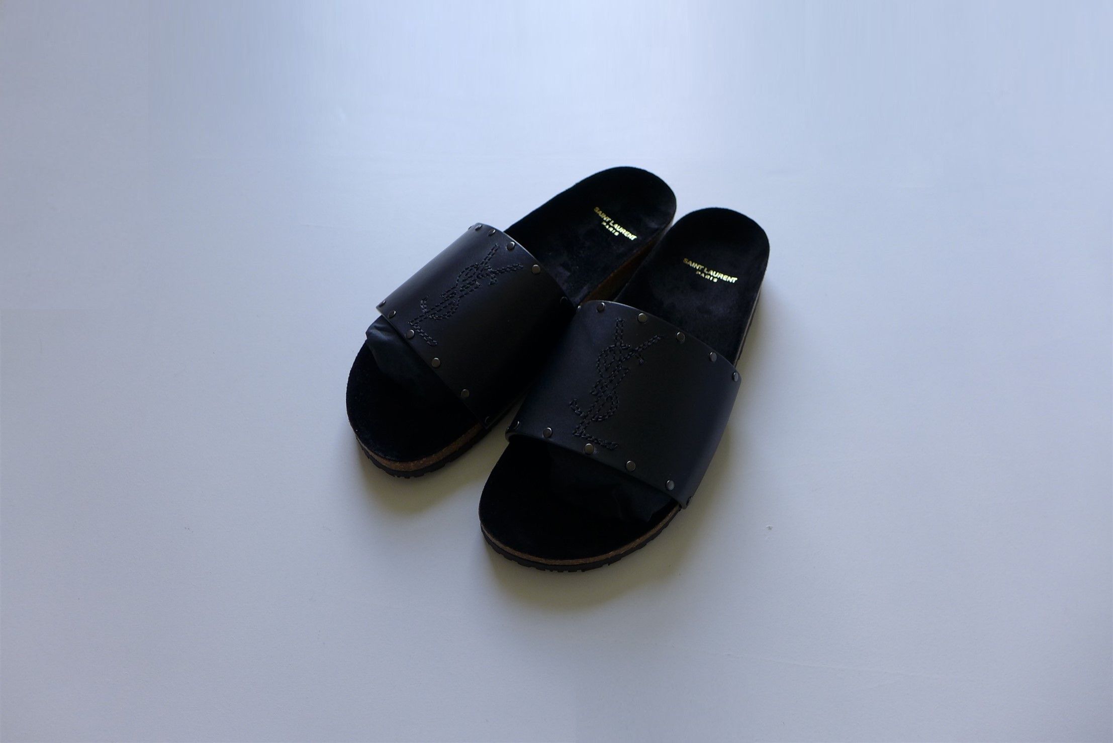 Saint Laurent Paris Saint Laurent Jimmy Logo Stud Slides Sandal - Black Leather Size US 11 / EU 44 - 12 Thumbnail